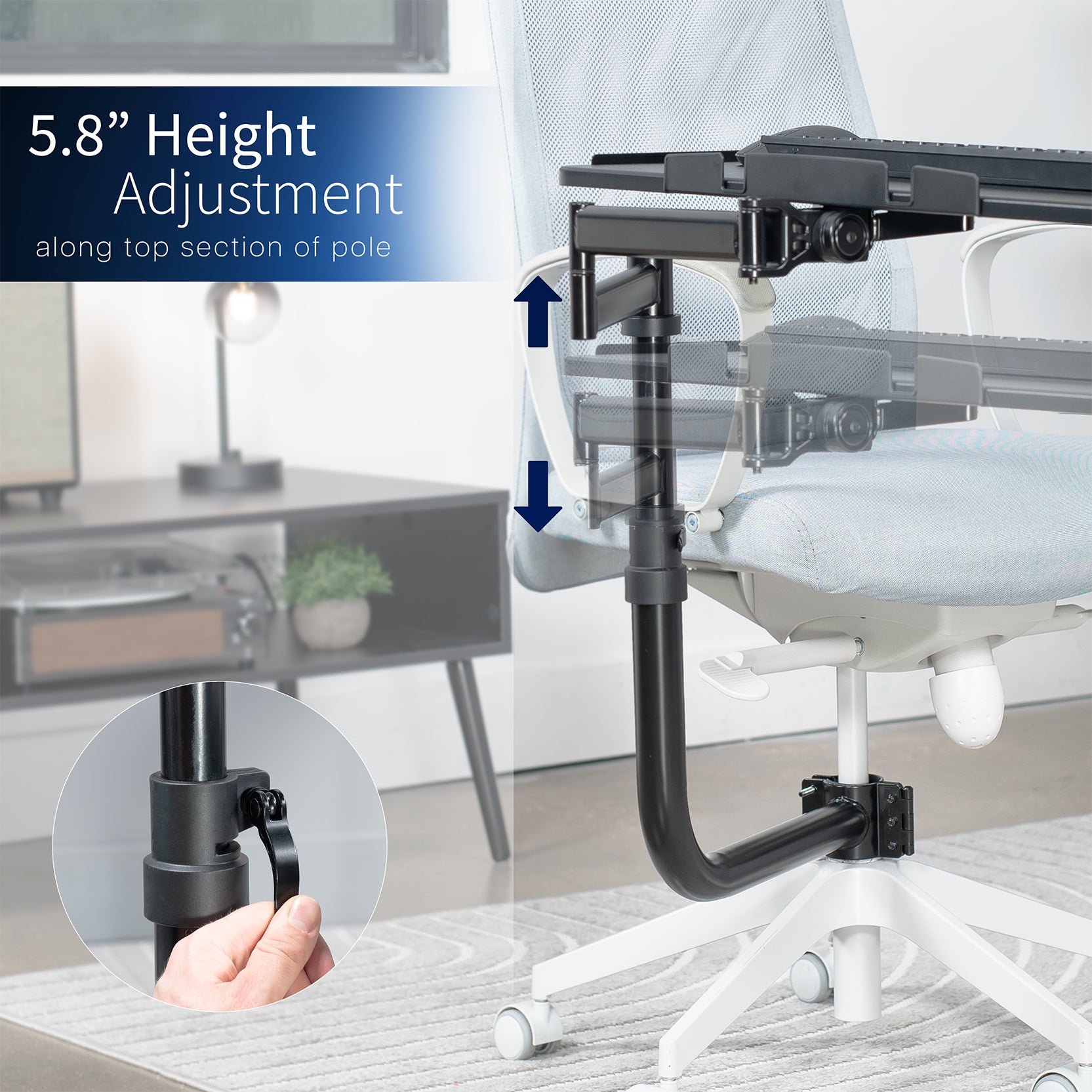 Height adjustment mechanism with a hand demonstrating the range of motion.