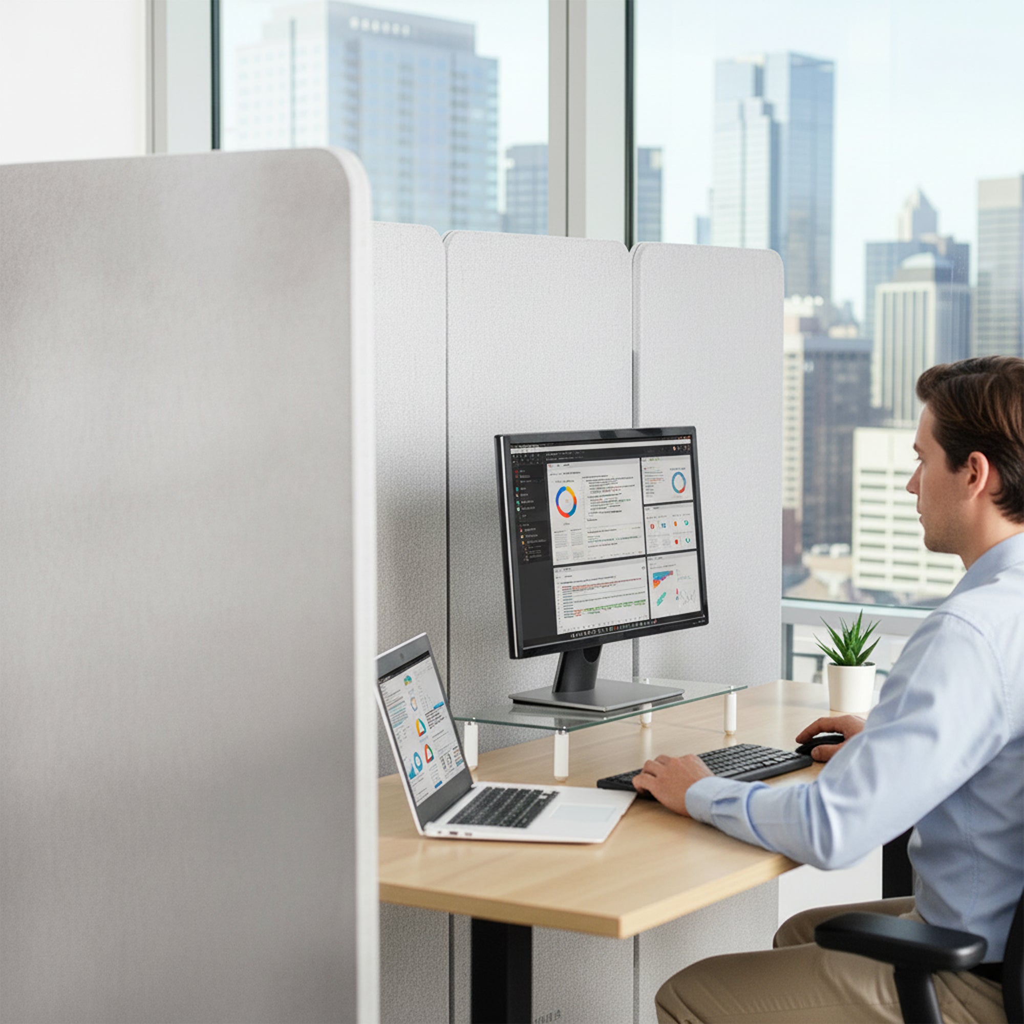 Person working at a desk with a computer, laptop, and desk dividers in an office setting with cityscape view.
