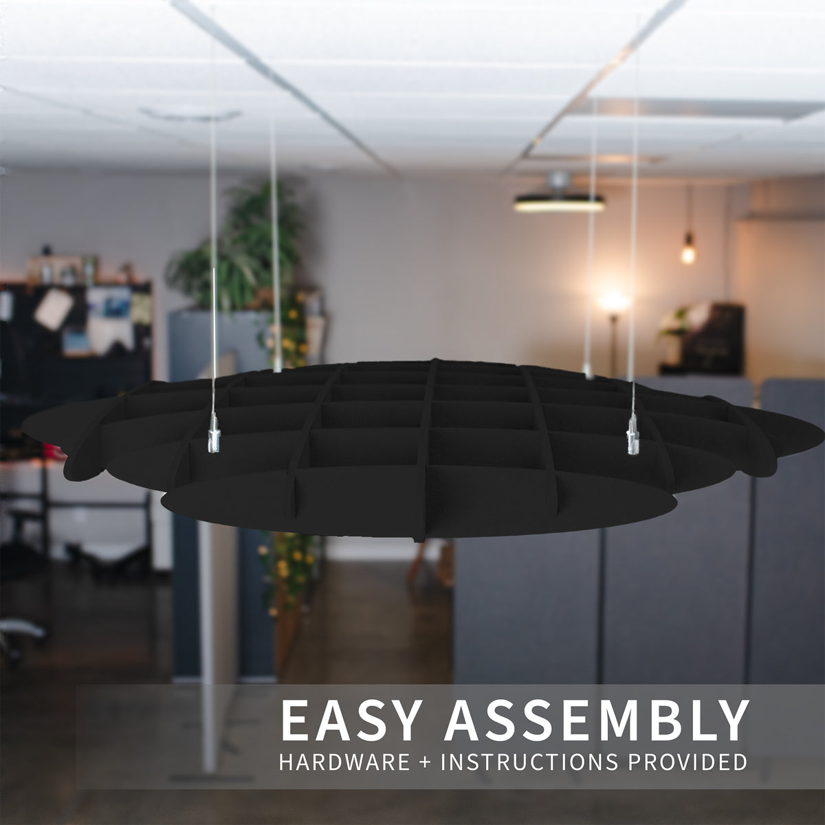 Suspended acoustic ceiling waffle panels installed in a commercial space for improved sound management and noise reduction