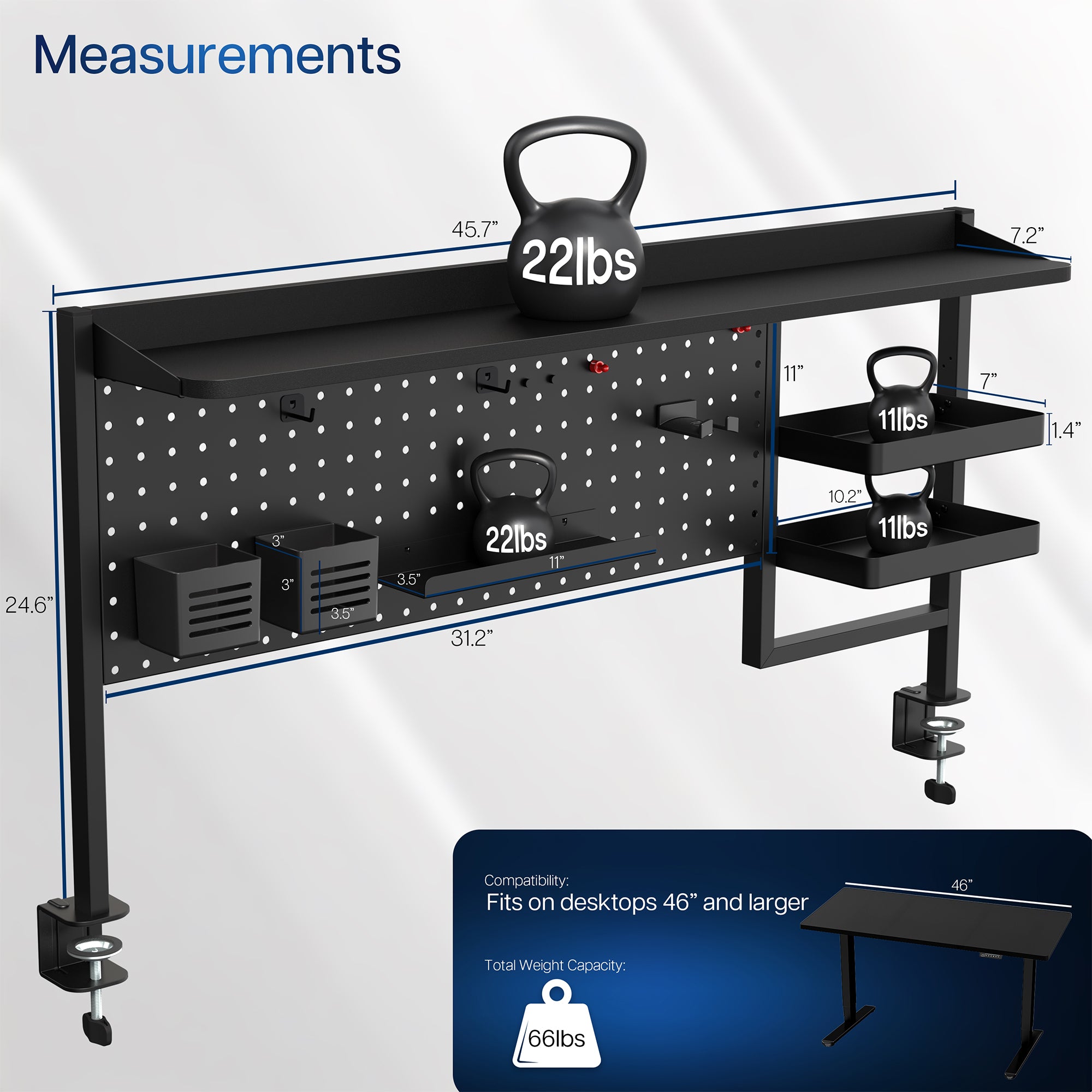 Black wall-mounted workout station with measurements and weight display on a white background