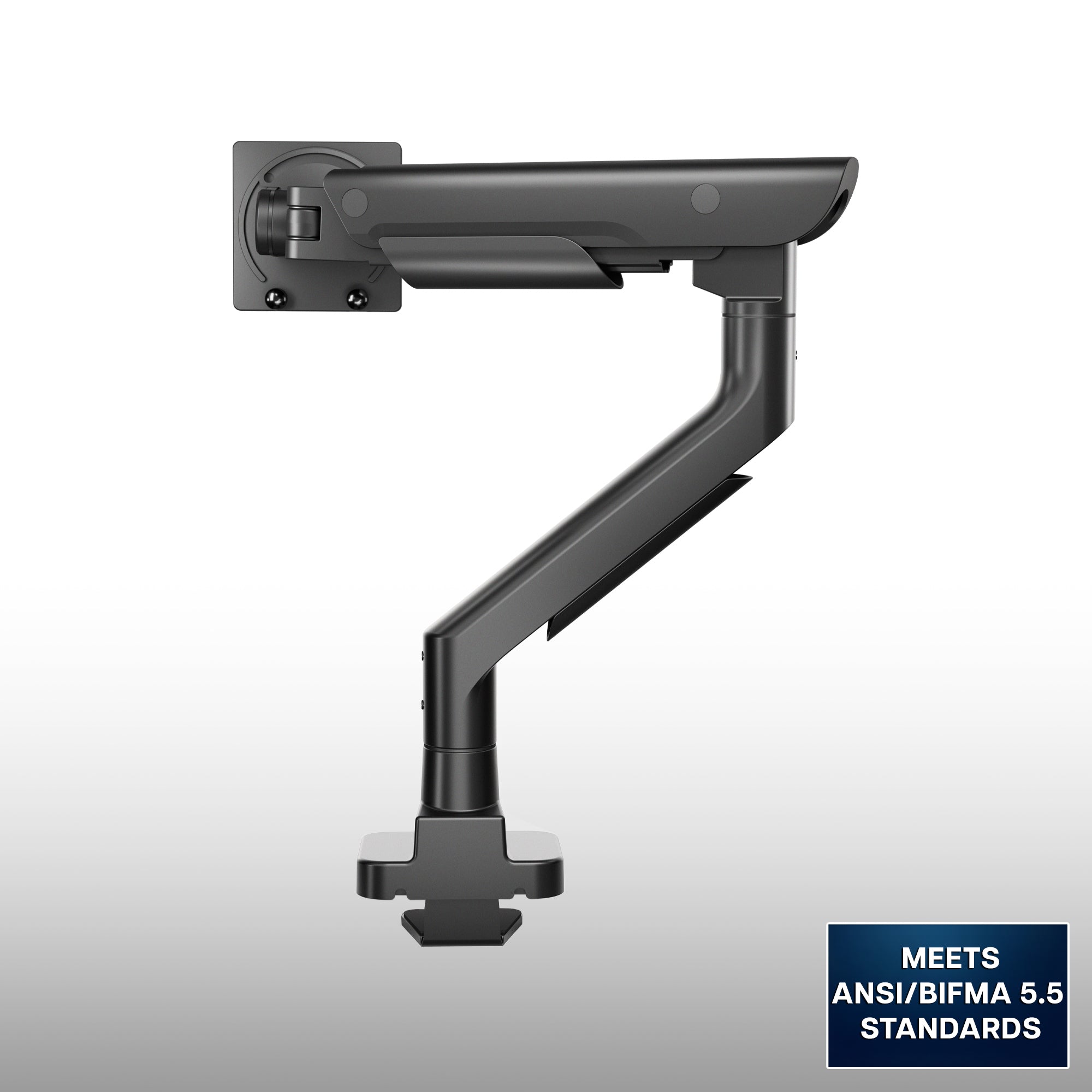 A premium black adjustable monitor arm with a bracket and base, shown on a light gray gradient background with a blue badge in the bottom right that reads 'MEETS ANSI/BIFMA 5.6 STANDARDS'.