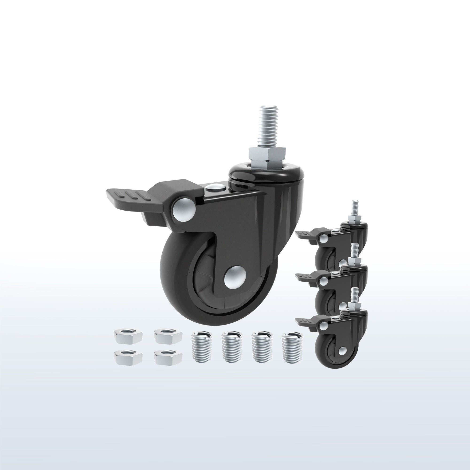 Black caster wheel with silver metal mounting hardware, shown alongside three additional wheel units and four hex nuts on a light gray gradient background.
