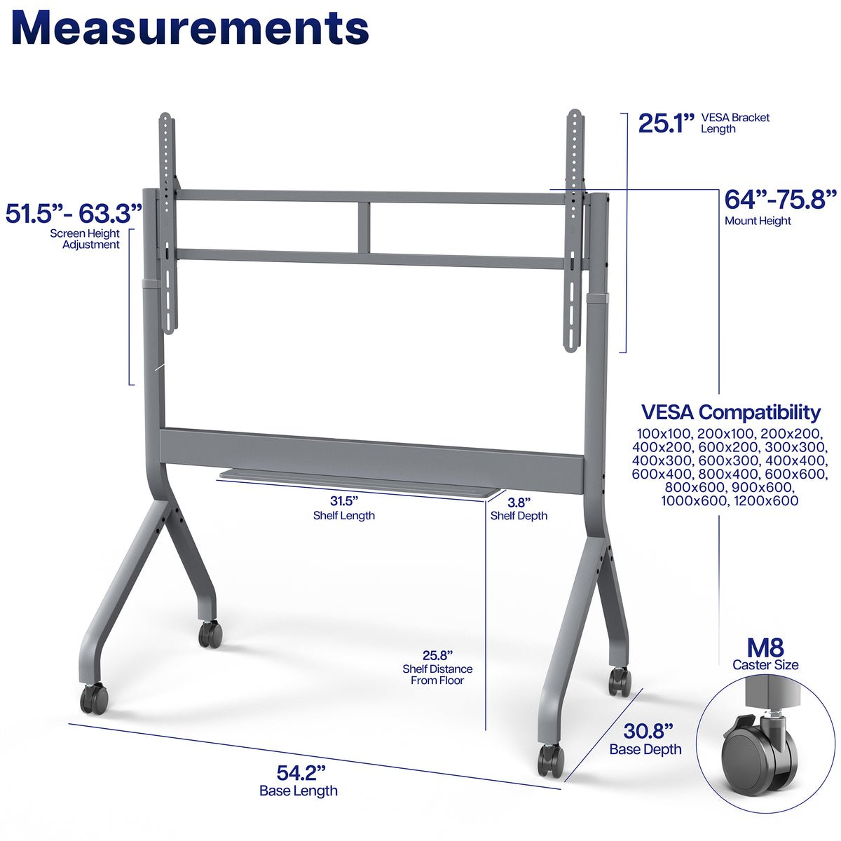 Slim Motorized Height Adjustable TV Cart - 60” to 110" Screens