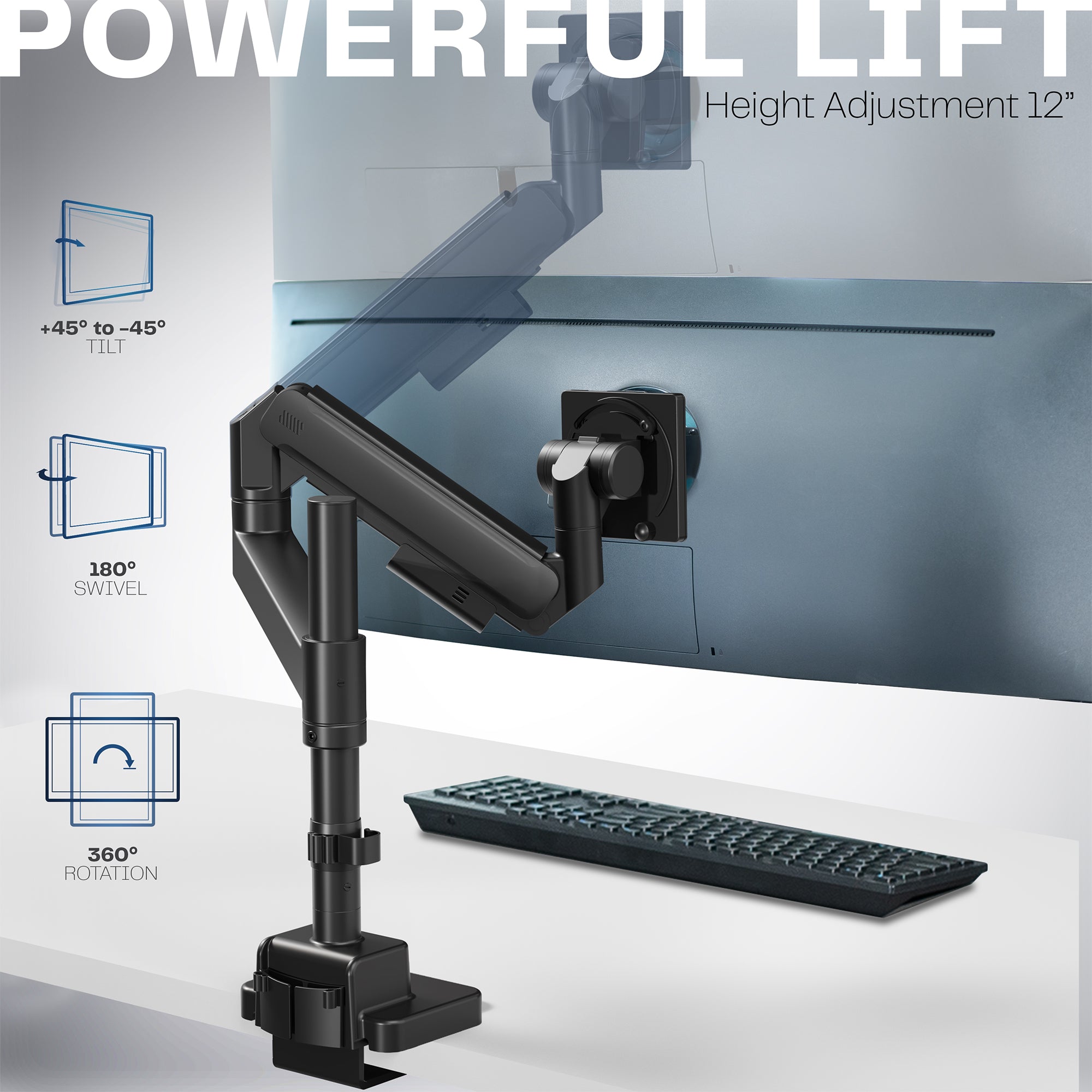 Single ultrawide monitor mounted on a pneumatic arm desk mount
