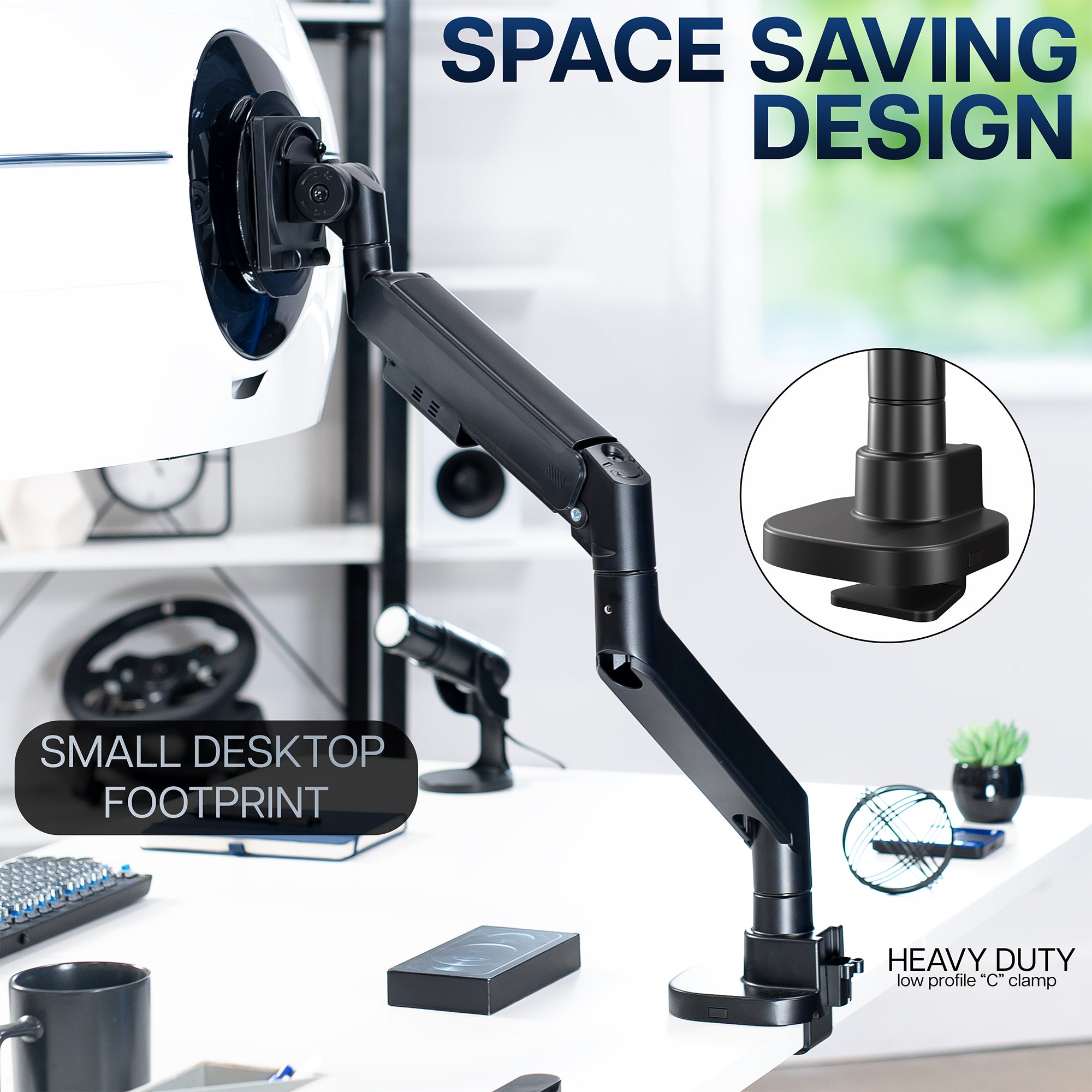 Monitor with an adjustable arm in an office setting with text showing small footprint design.