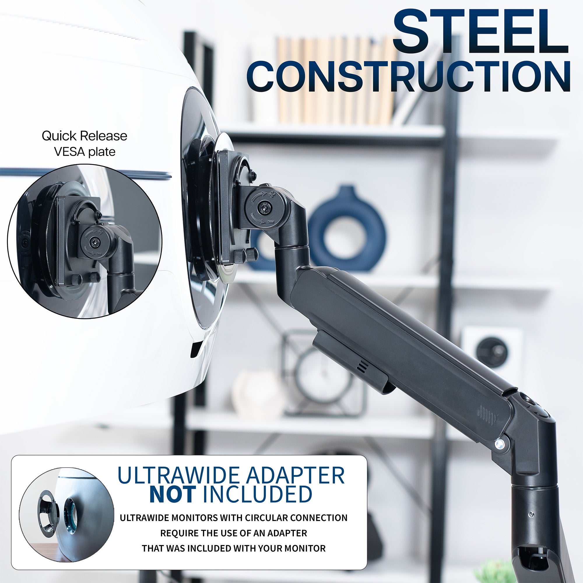 Monitor with an adjustable arm in an office setting with text showing heavy duty construction.