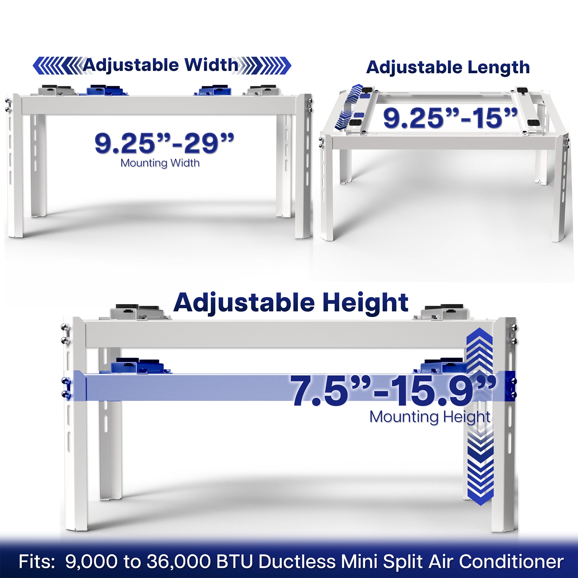 Adjustable rack system with measurements for width, length, and height on a white background.