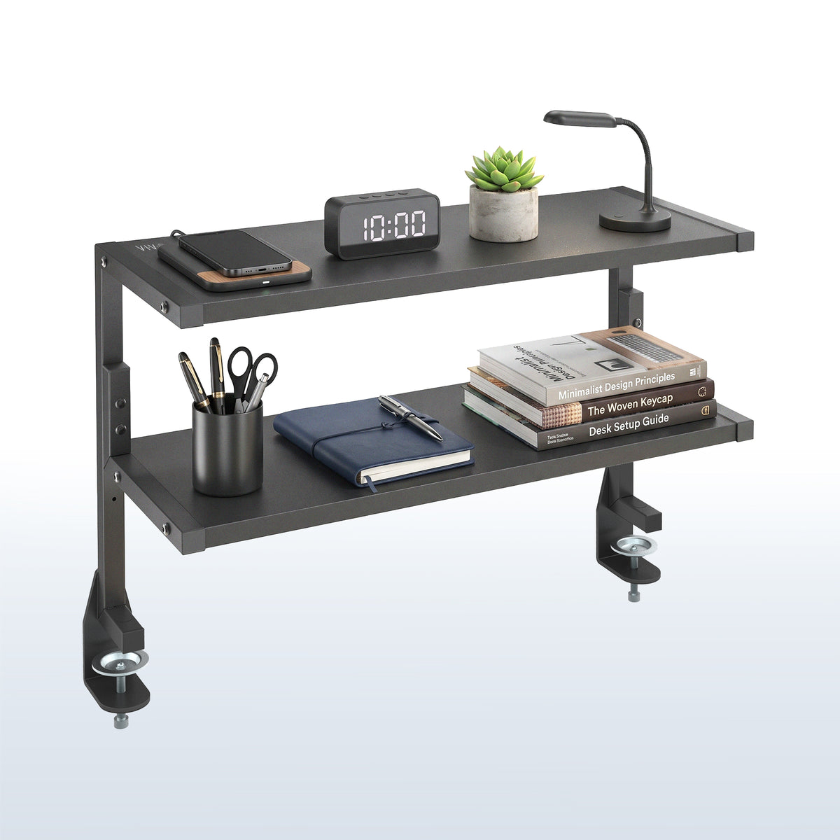 Wide spacious above desk or below desk clamp-on shelf with two shelves for convenient storage and organization. Lower shelf height adjusts.