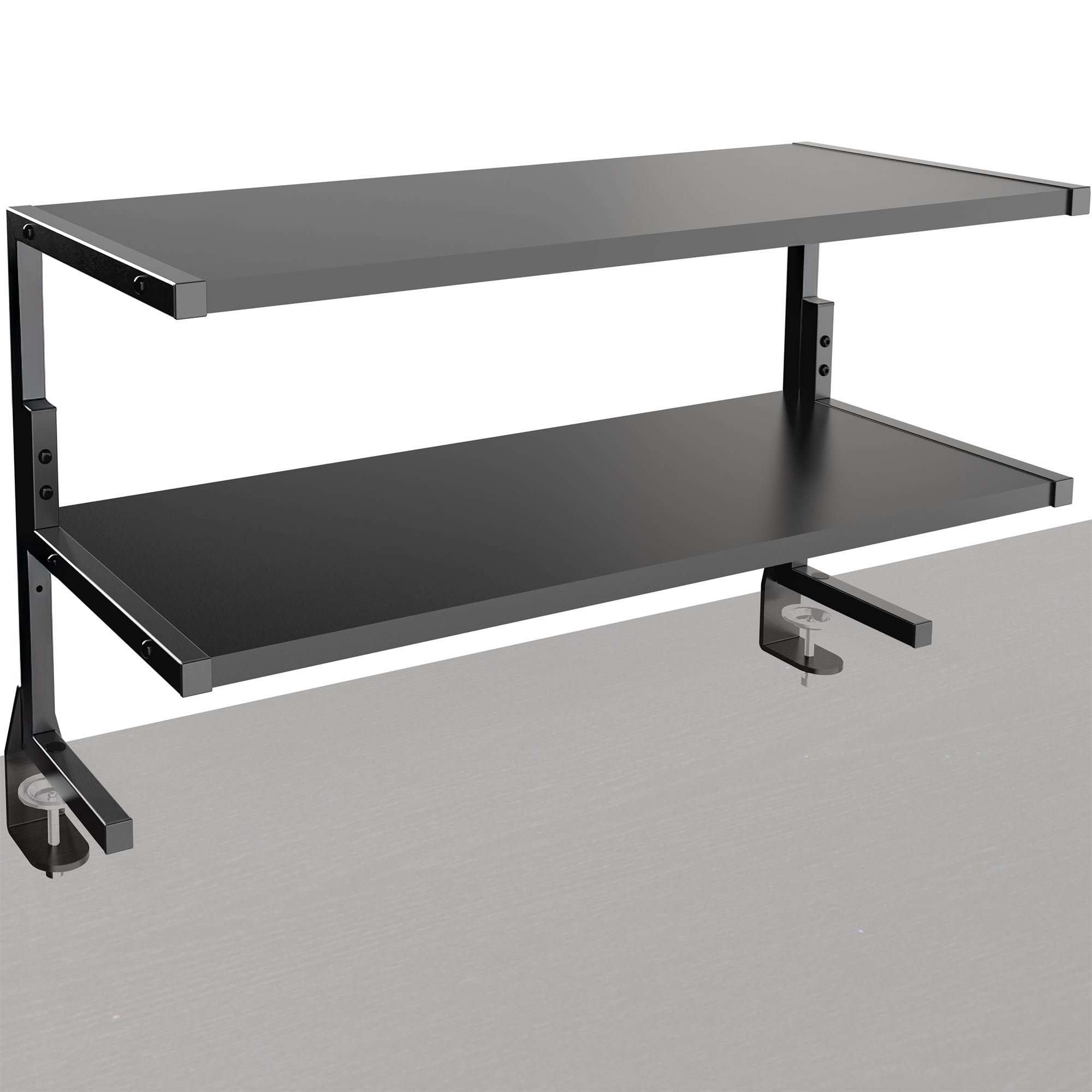 Wide spacious above desk or below desk clamp-on shelf with two shelves for convenient storage and organization. Lower shelf height adjusts.