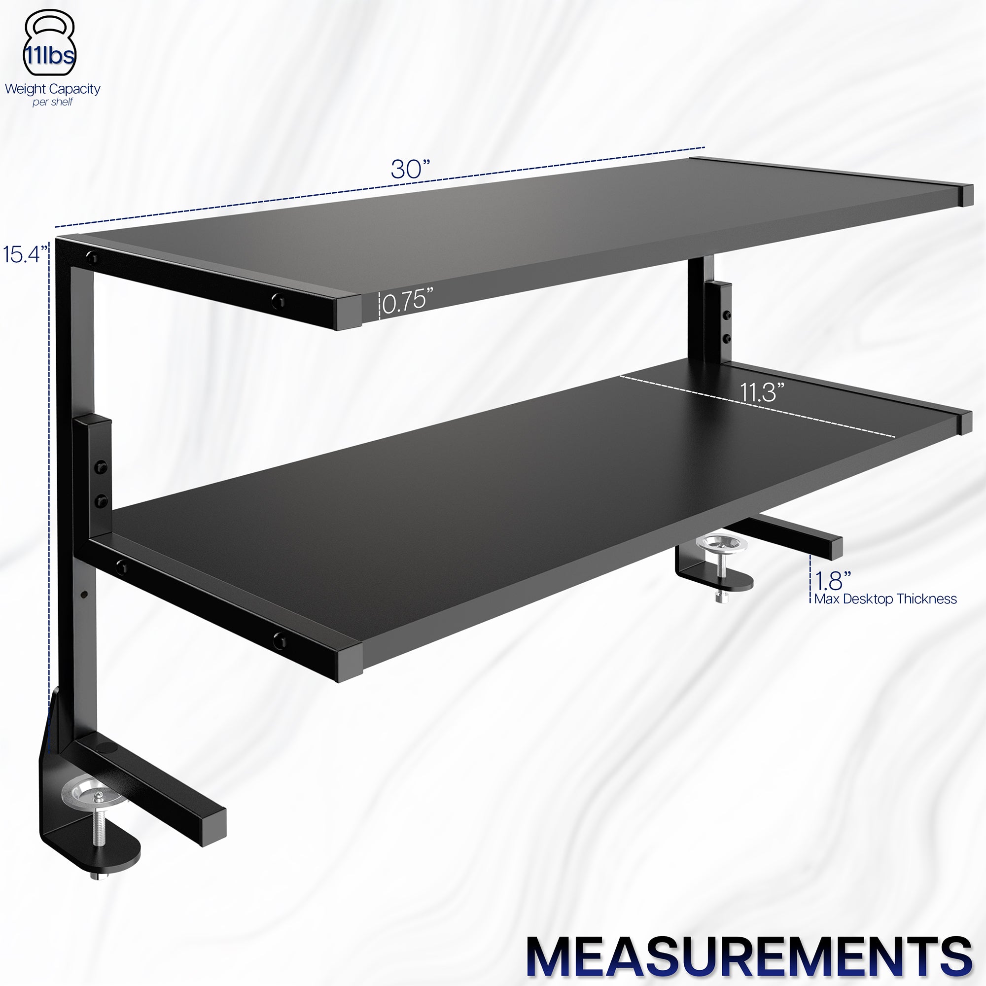Wide spacious above desk or below desk clamp-on shelf with two shelves for convenient storage and organization. Lower shelf height adjusts.