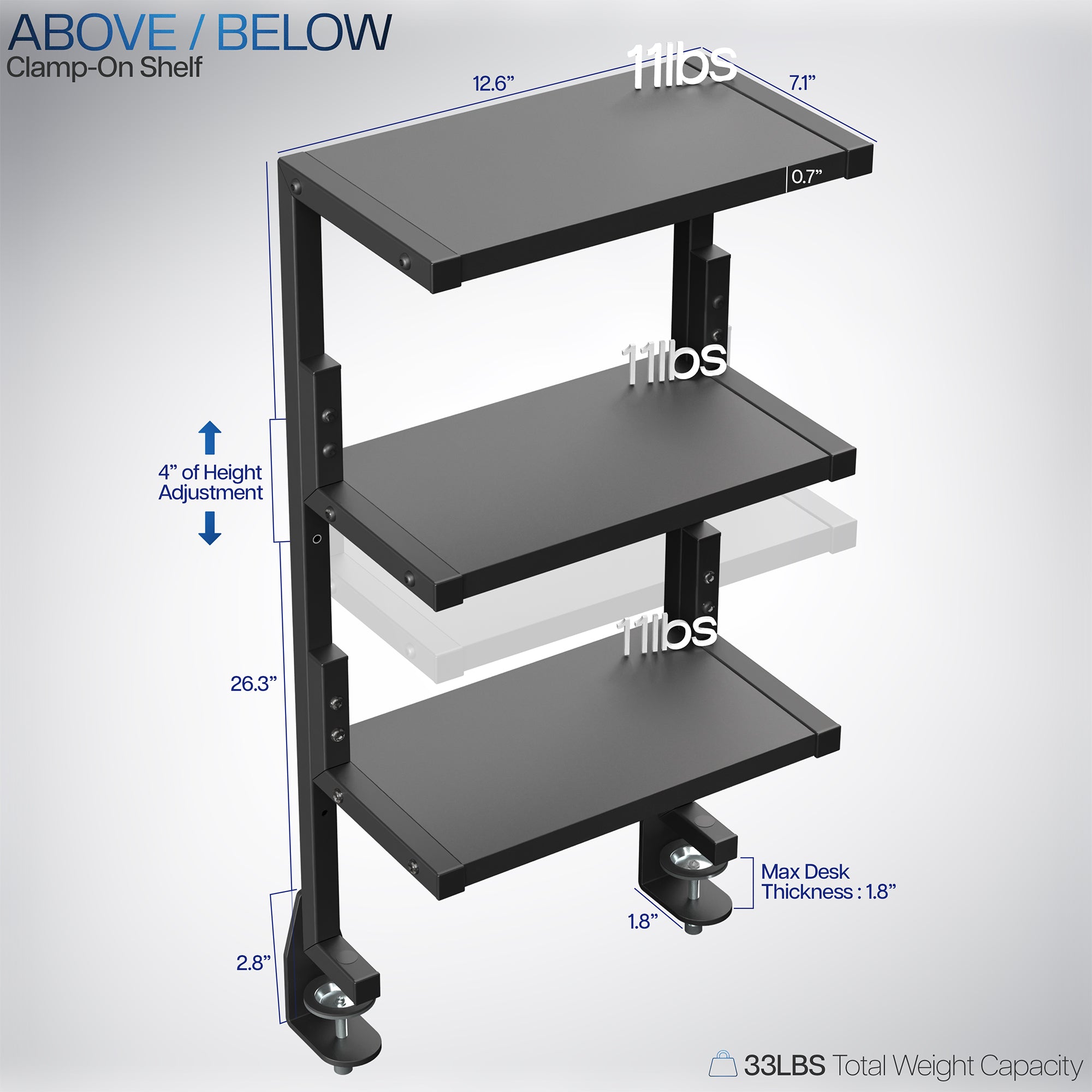 13" Clamp-on 3-Tier Shelving Unit for Desk