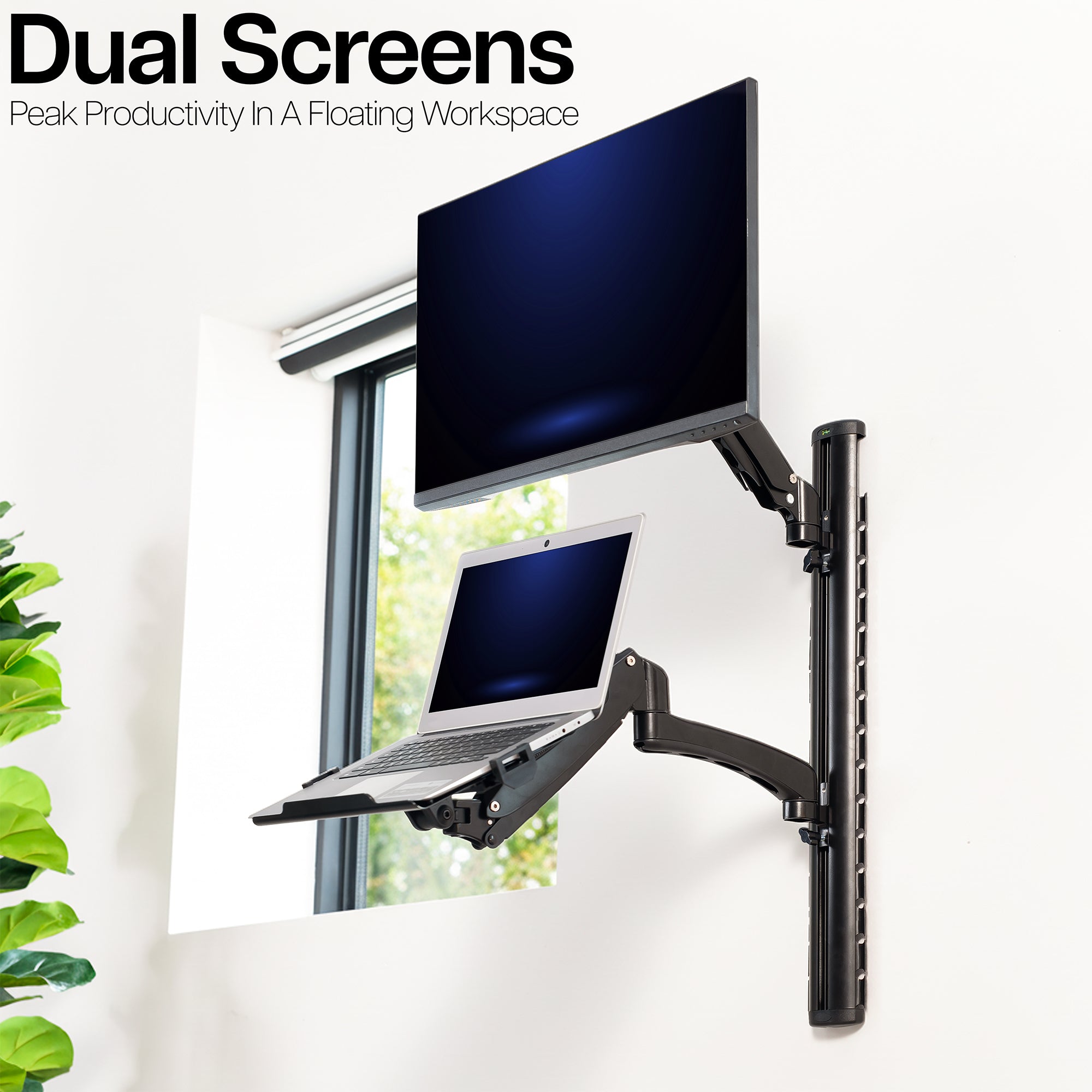 Wall-mounted, floating workspace, dual screen setup with monitor and laptop on a white background