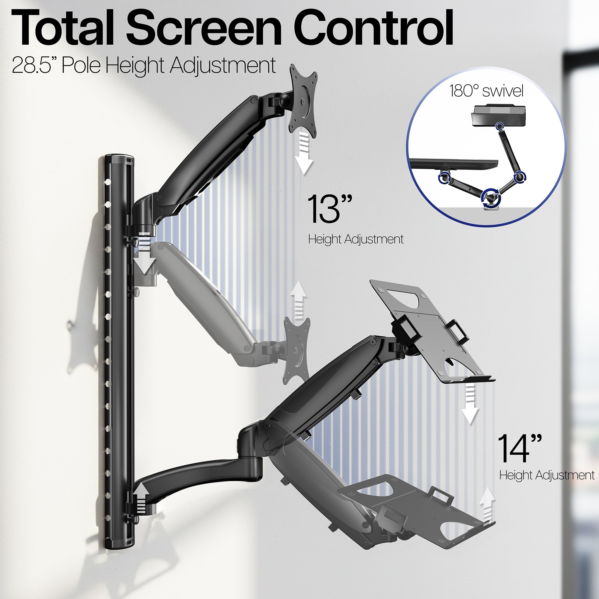 Sit to Stand Single Monitor & Laptop Wall Mount Workstation with height and swivel adjustments on a grey blurred office background
