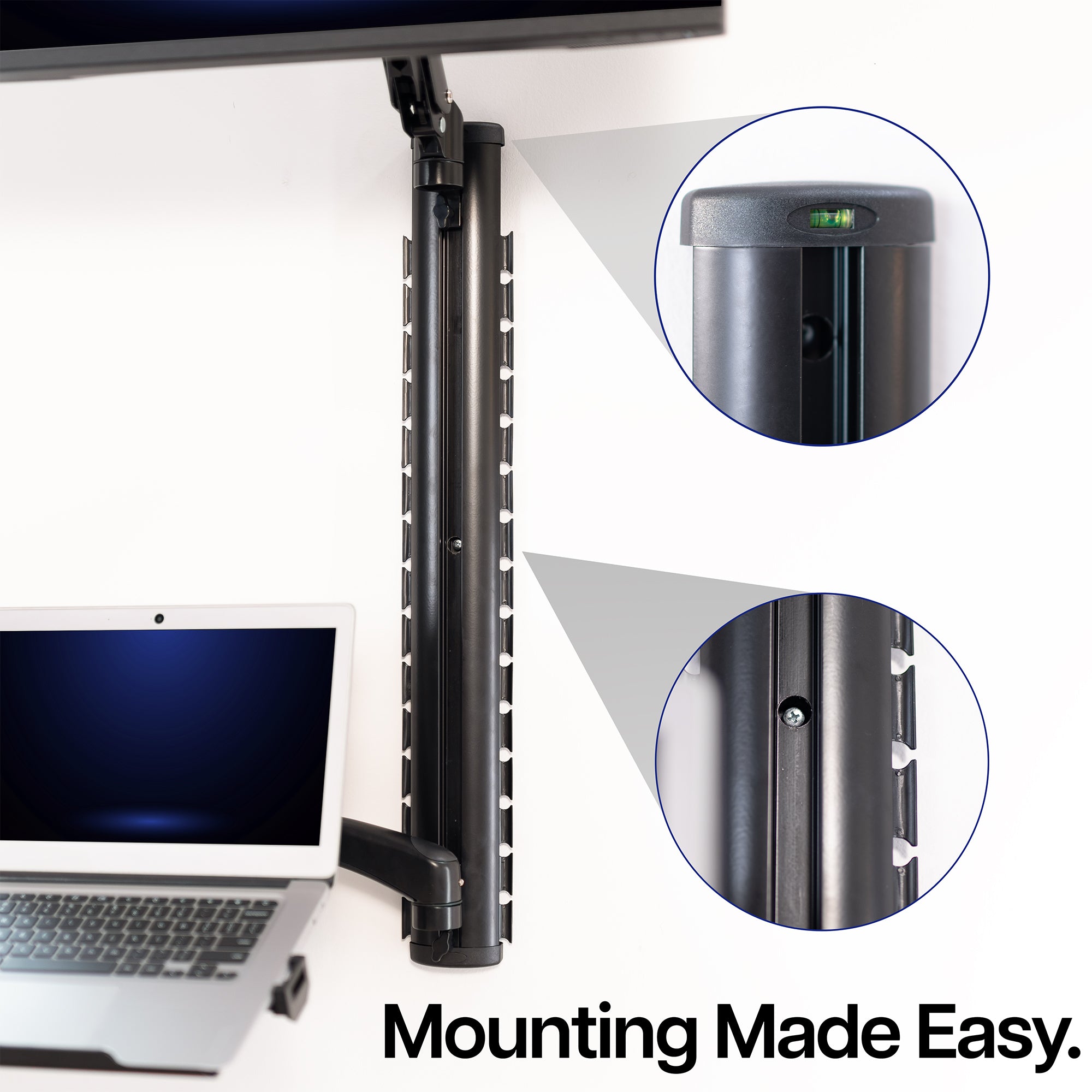 Sit to Stand Single Monitor & Laptop Wall Mount Workstation with close-up details and text 'Mounting Made Easy'.
