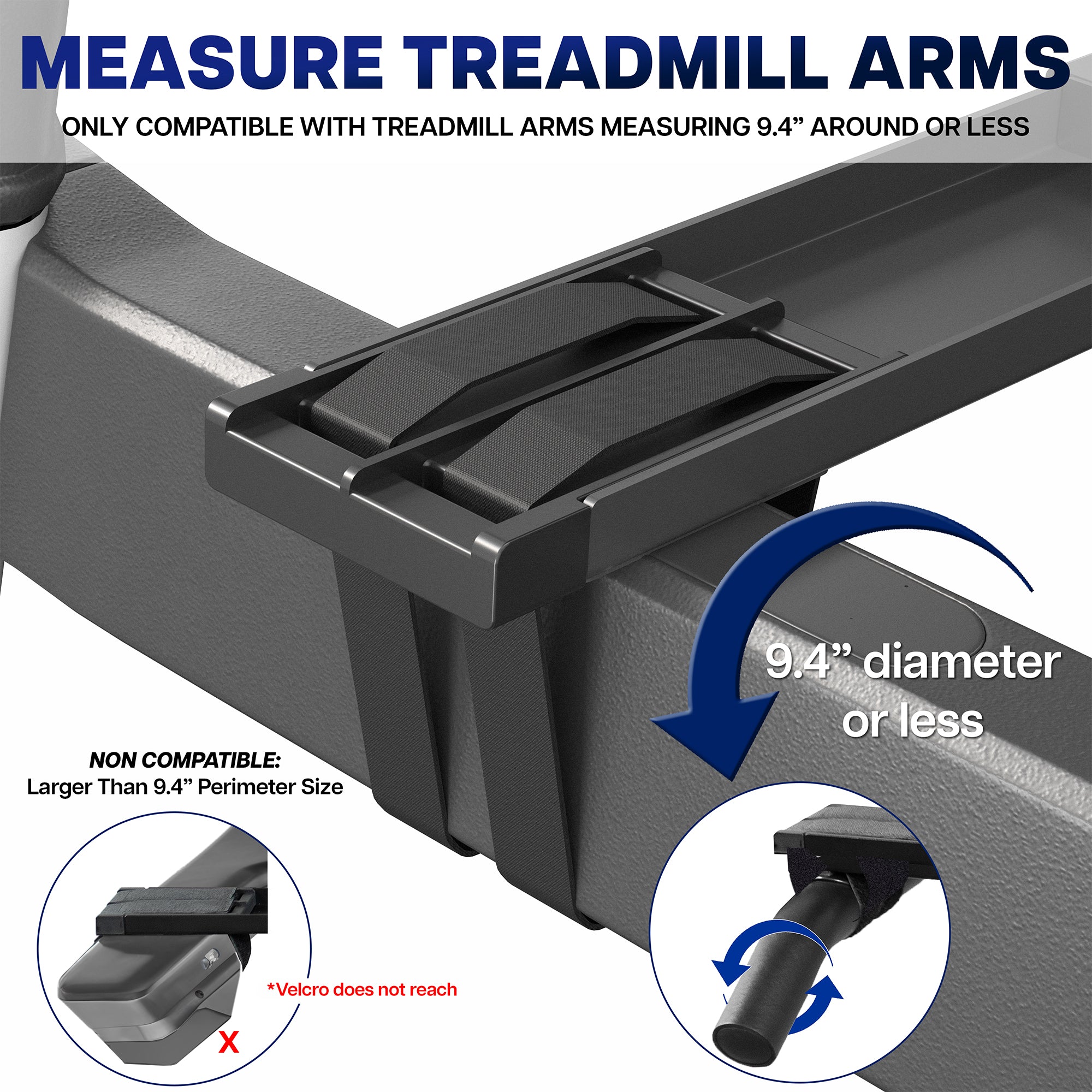 Adjustable treadmill desk with compatibility details on a white background showing velcro straps