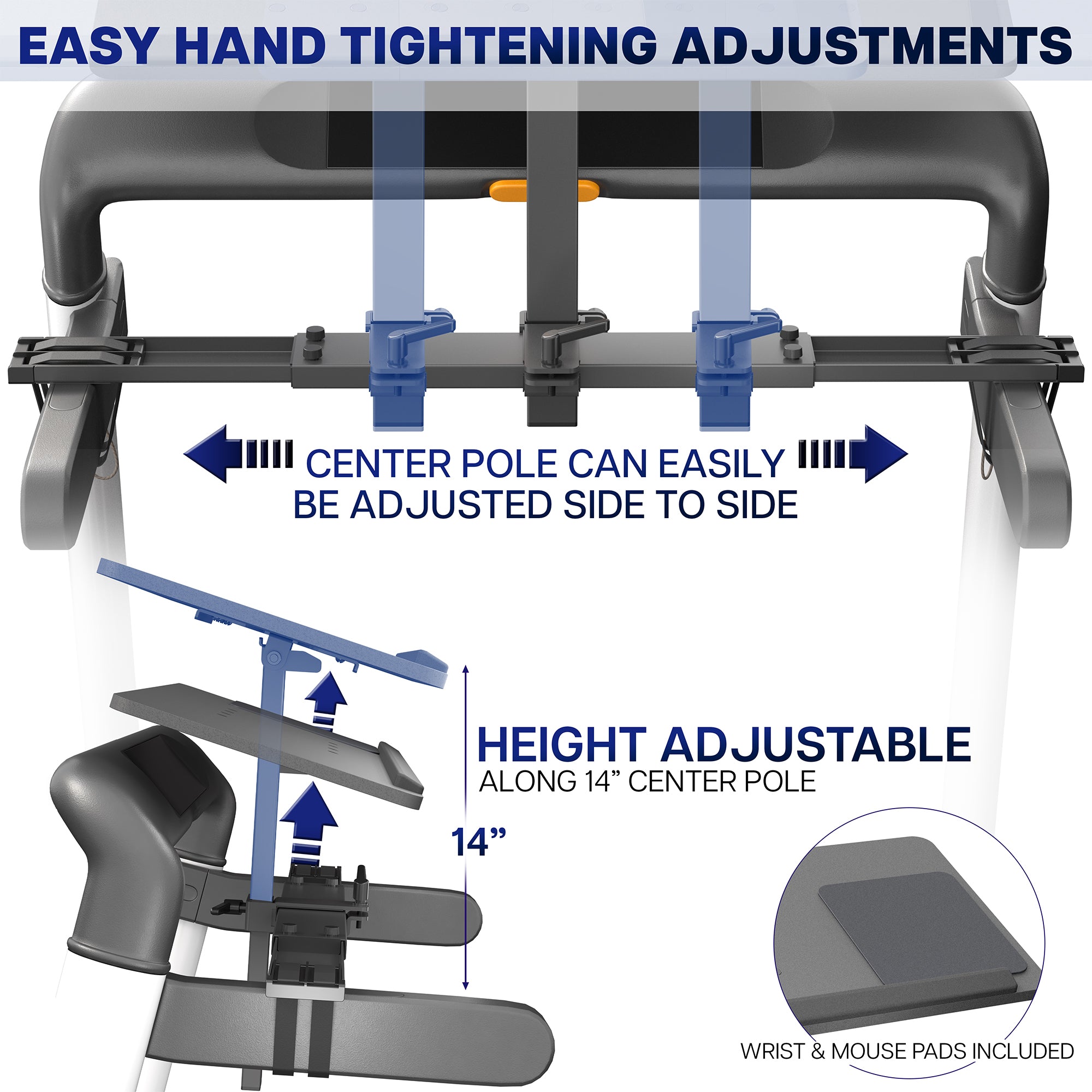 Adjustable treadmill desk with features highlighted, including easy hand tightening adjustments and height and side-to-side adjustments.