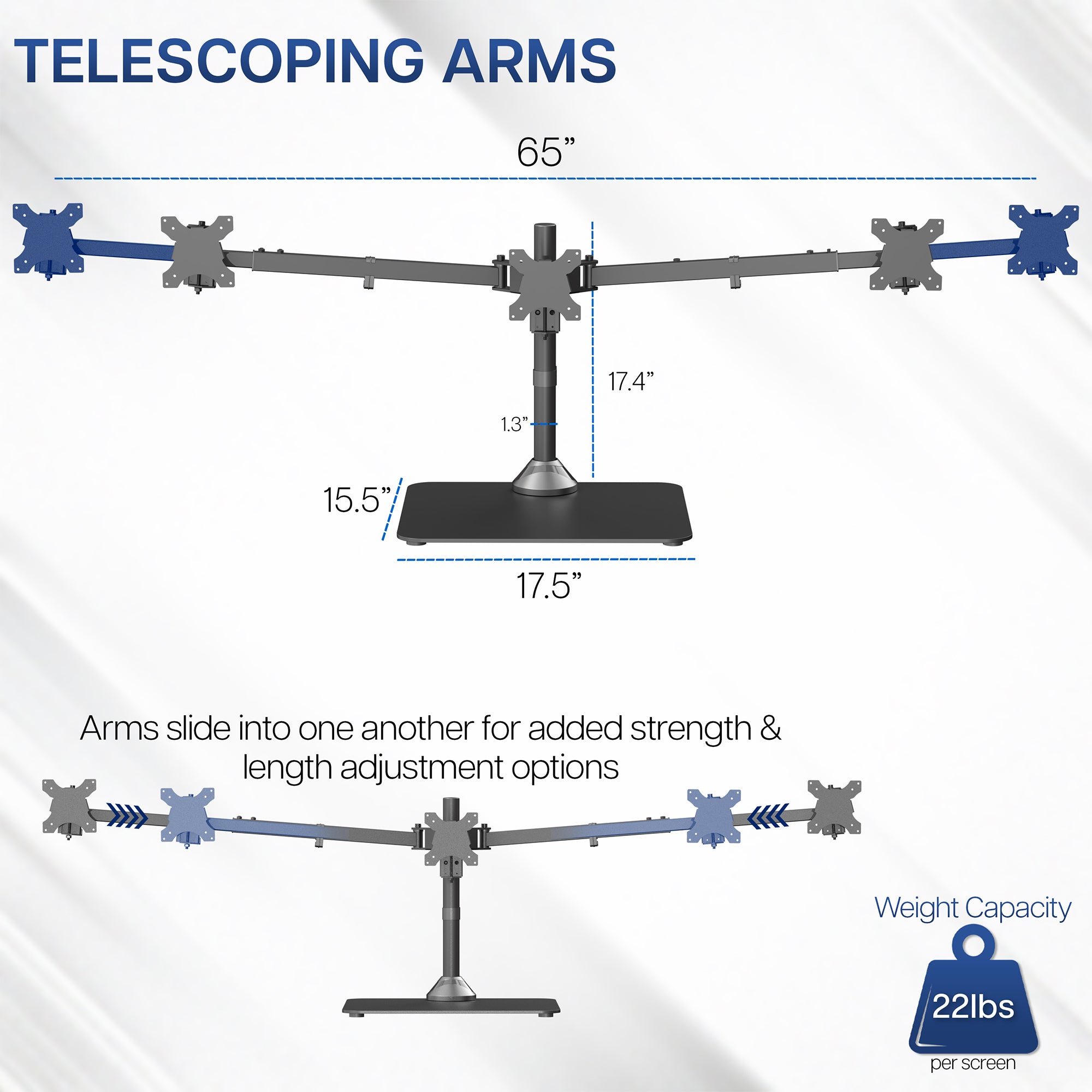 Telescoping arms monitor stand with measurements and weight capacity on a white background