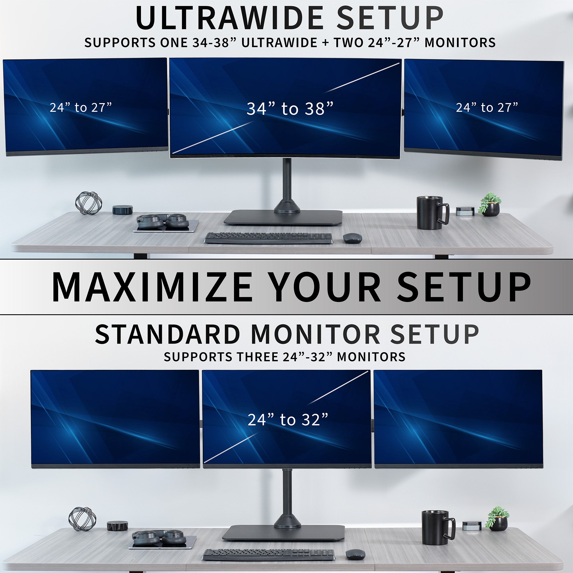 Two setups of computer monitors with text indicating support for different monitor sizes.