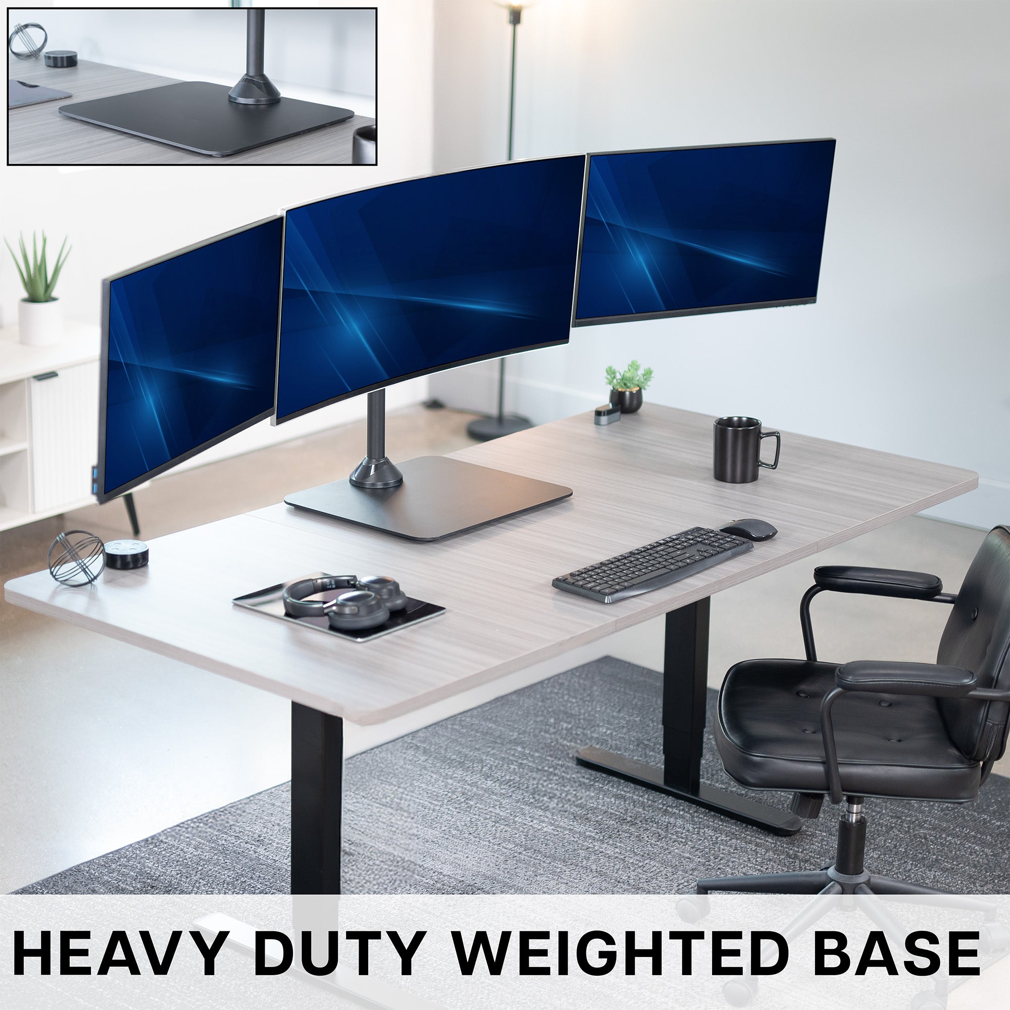 Modern office desk setup with three monitors, keyboard, mouse, and chair on a white background.