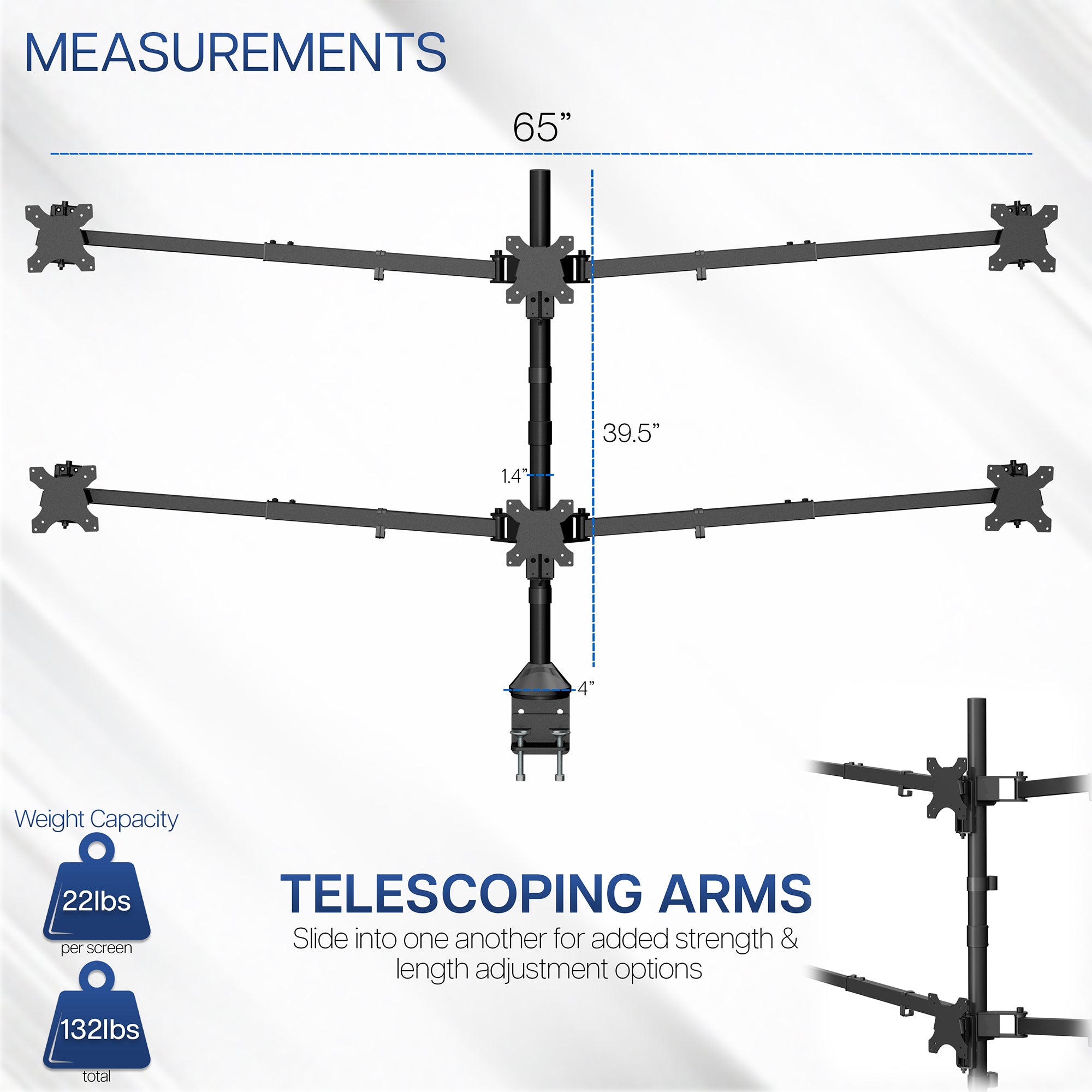 Telescoping arm mount with measurements and specifications on a white background