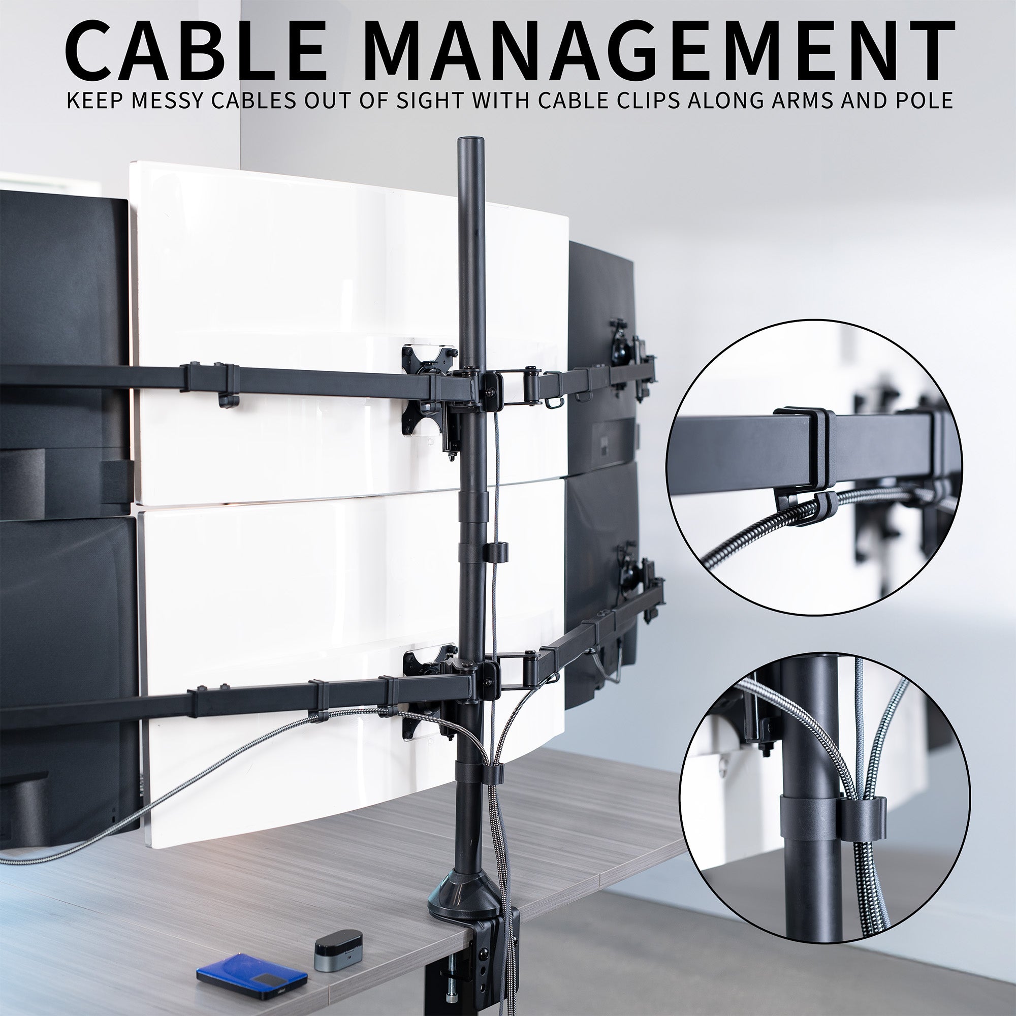 TV mount with cable management system on a white wall background
