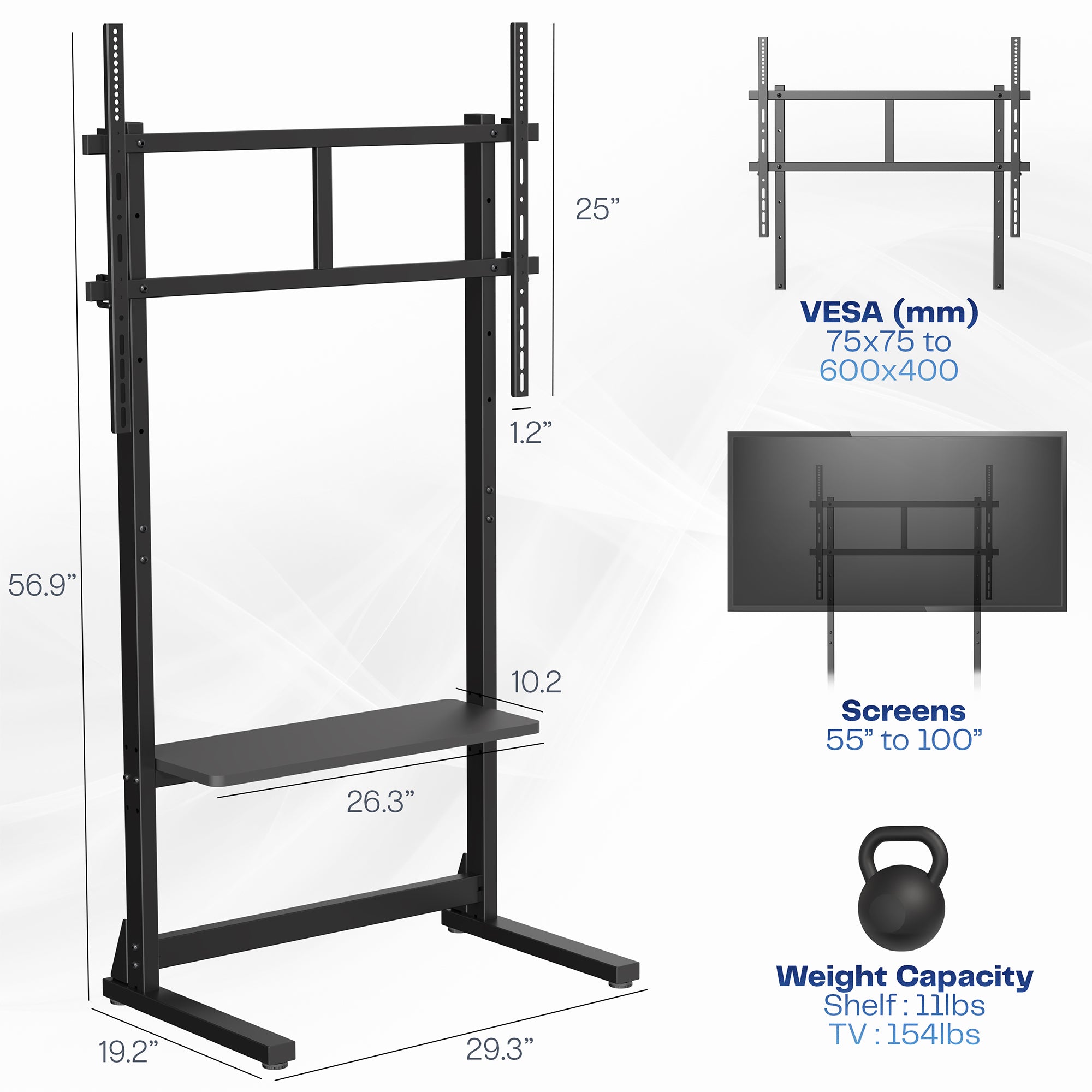 Heavy duty TV floor stand with text displaying measurements and VESA compatibility.
