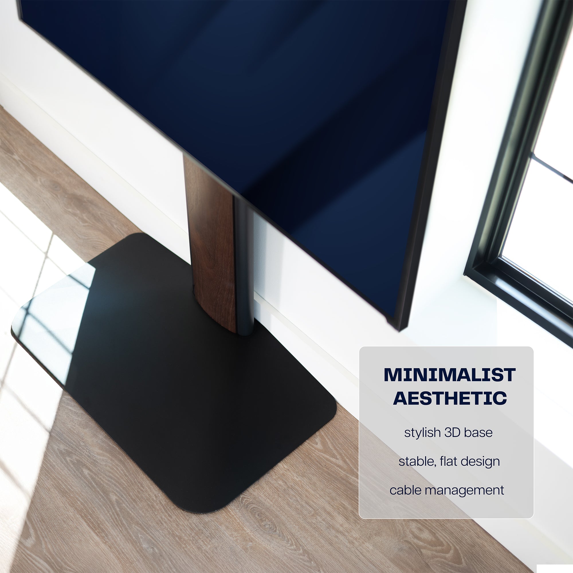 Modern TV stand with a minimalist aesthetic on a wooden floor.