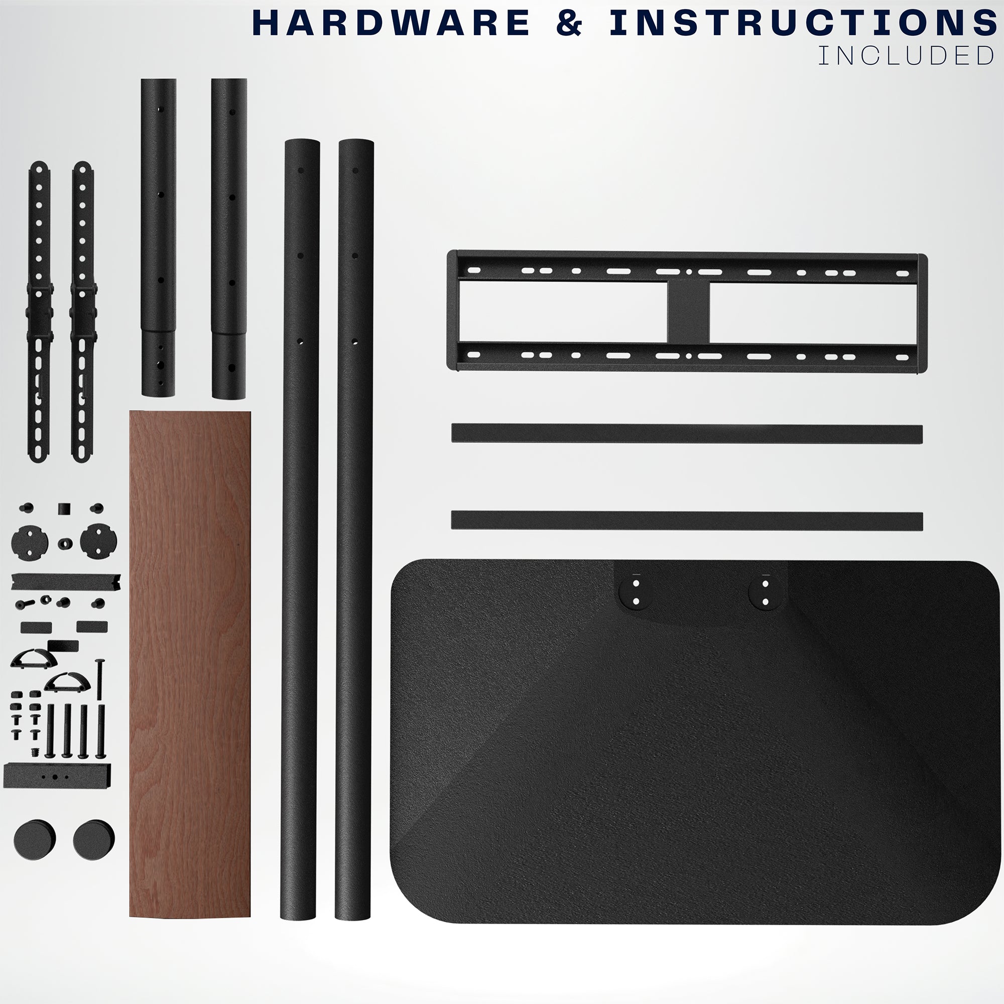 Collection of hardware components for a TV stand on a white background