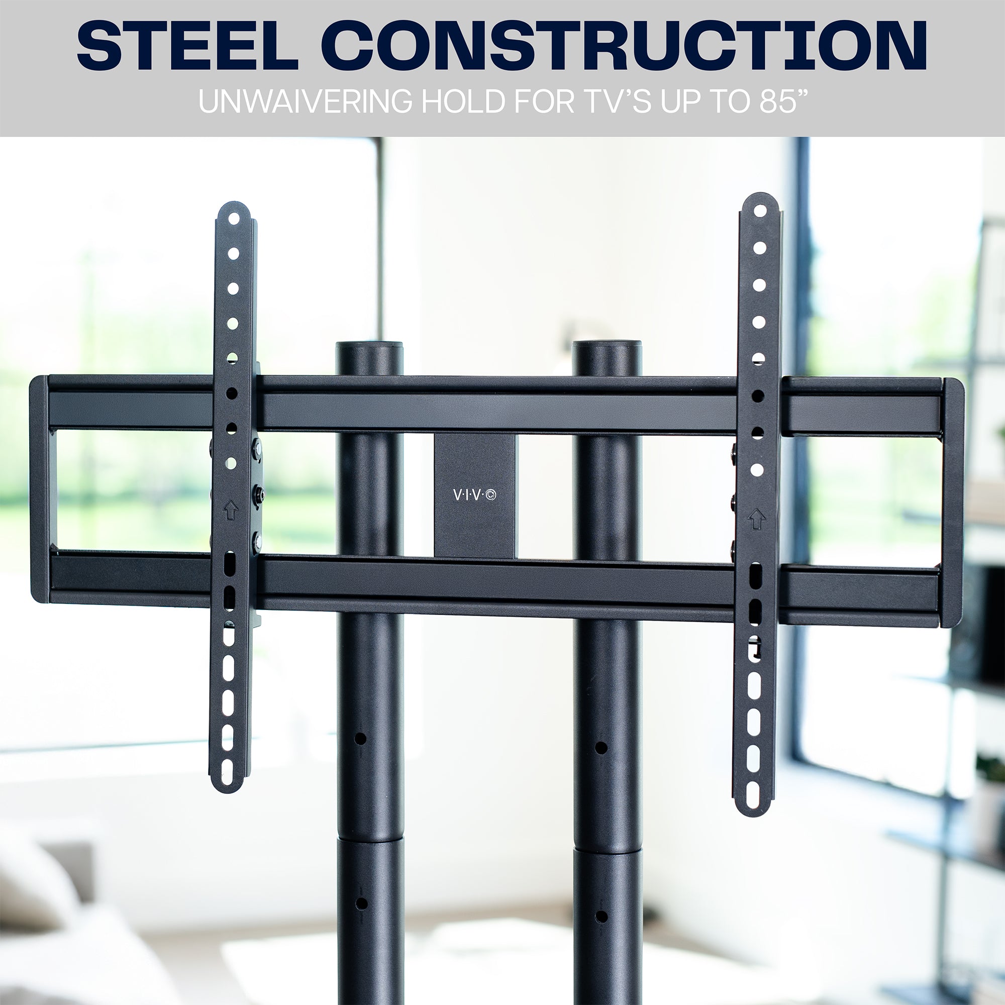 Black TV stand with steel construction with text indicating support for TVs.