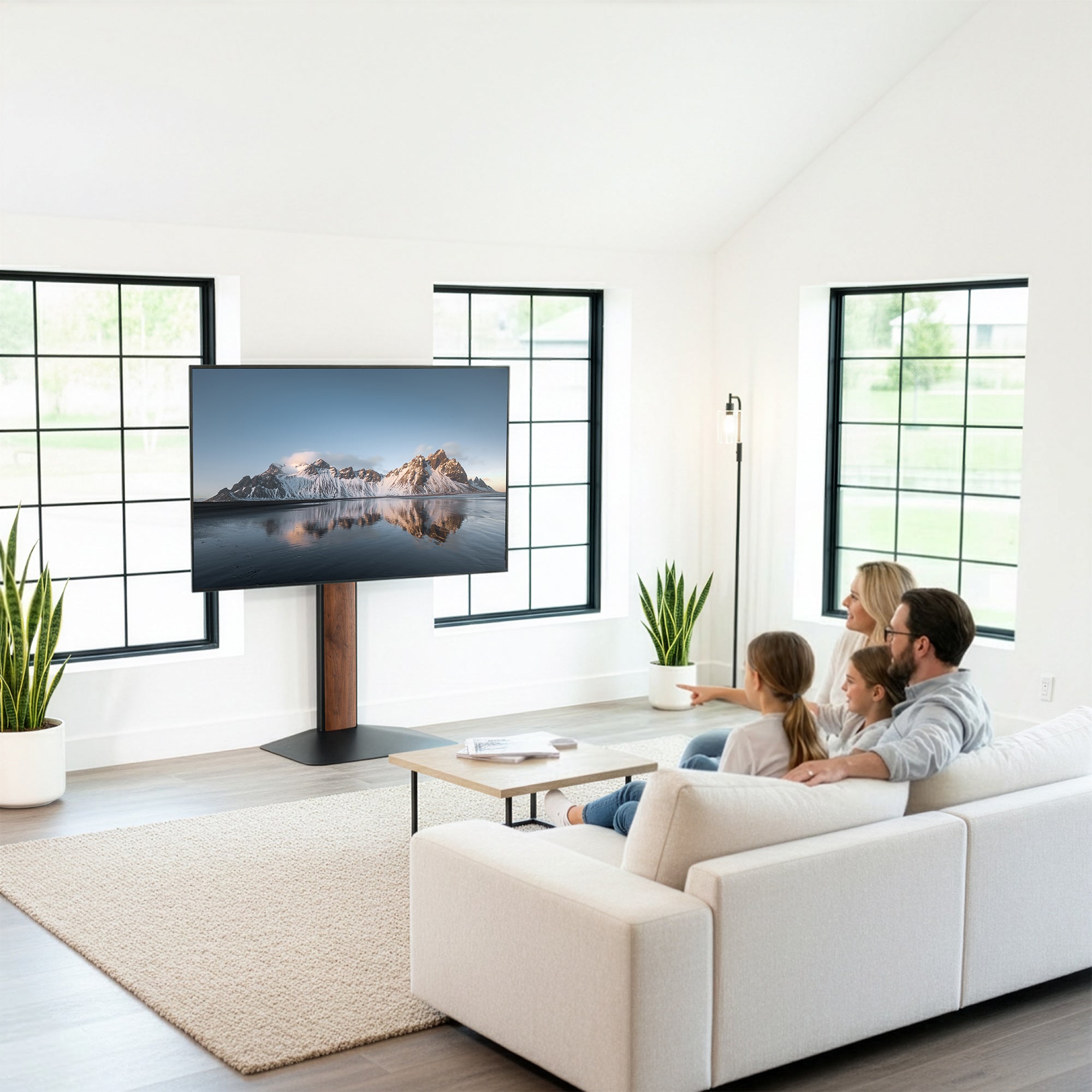 Family watching a mountain landscape on a large TV screen on a TV Floor Stand in a modern living room.