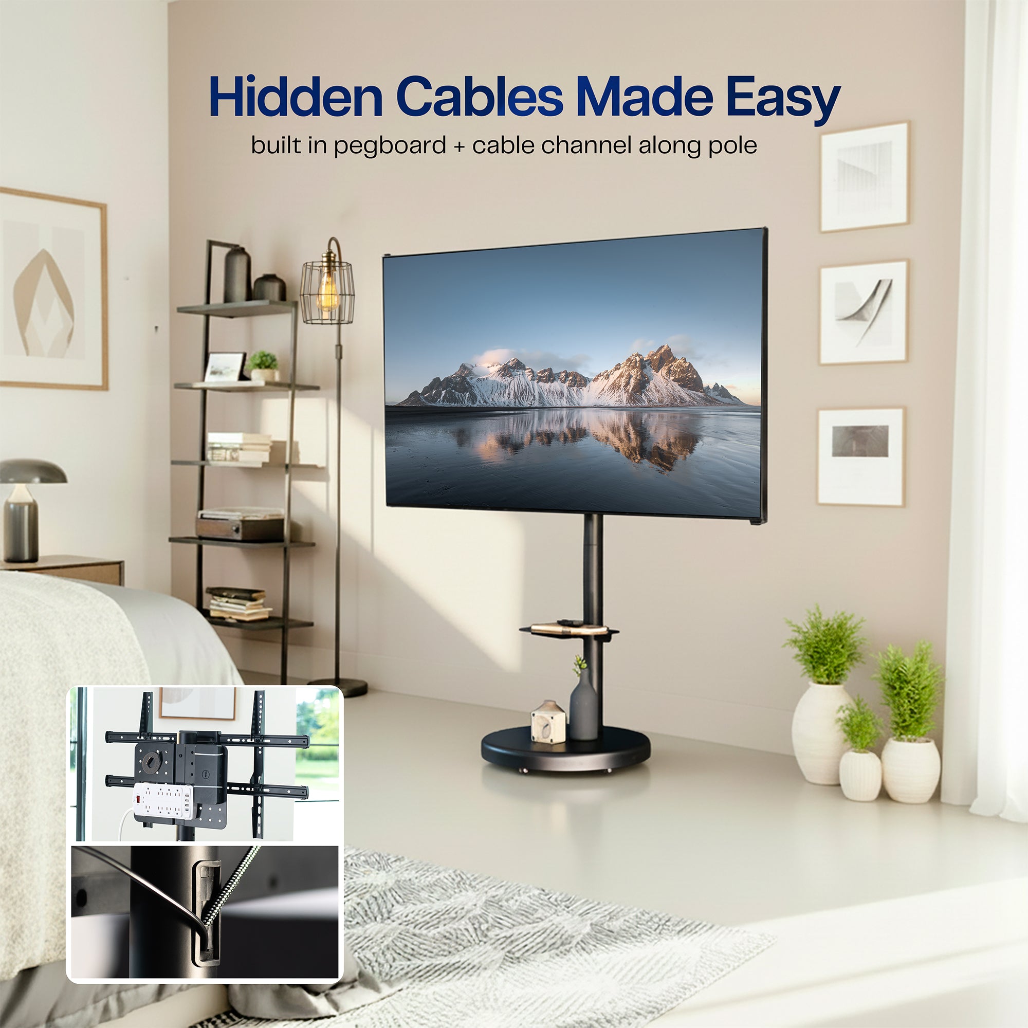 TV stand with cable management system in a living room setting