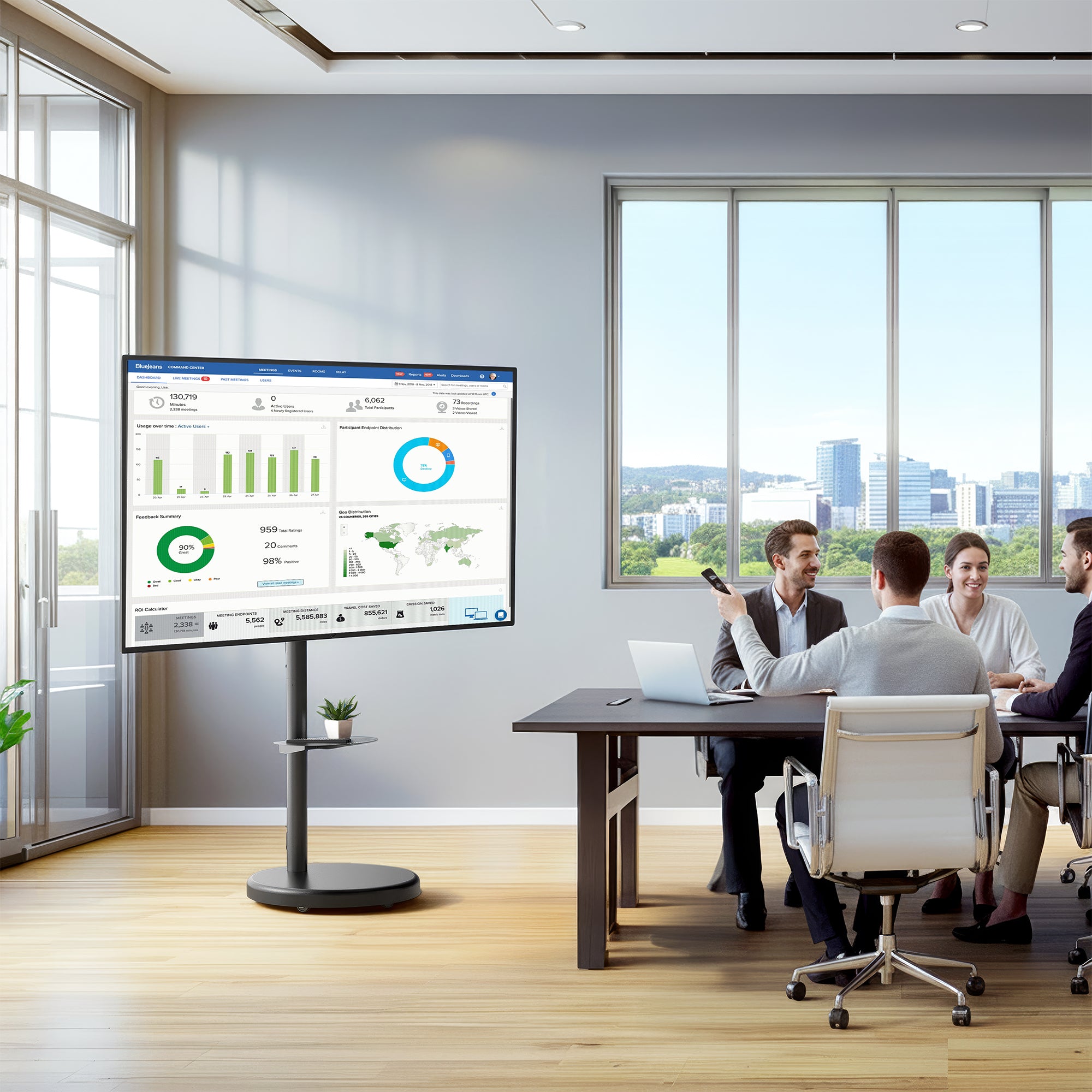 Group of people in a modern office setting with a large display screen showing graphs on a mobile TV stand.