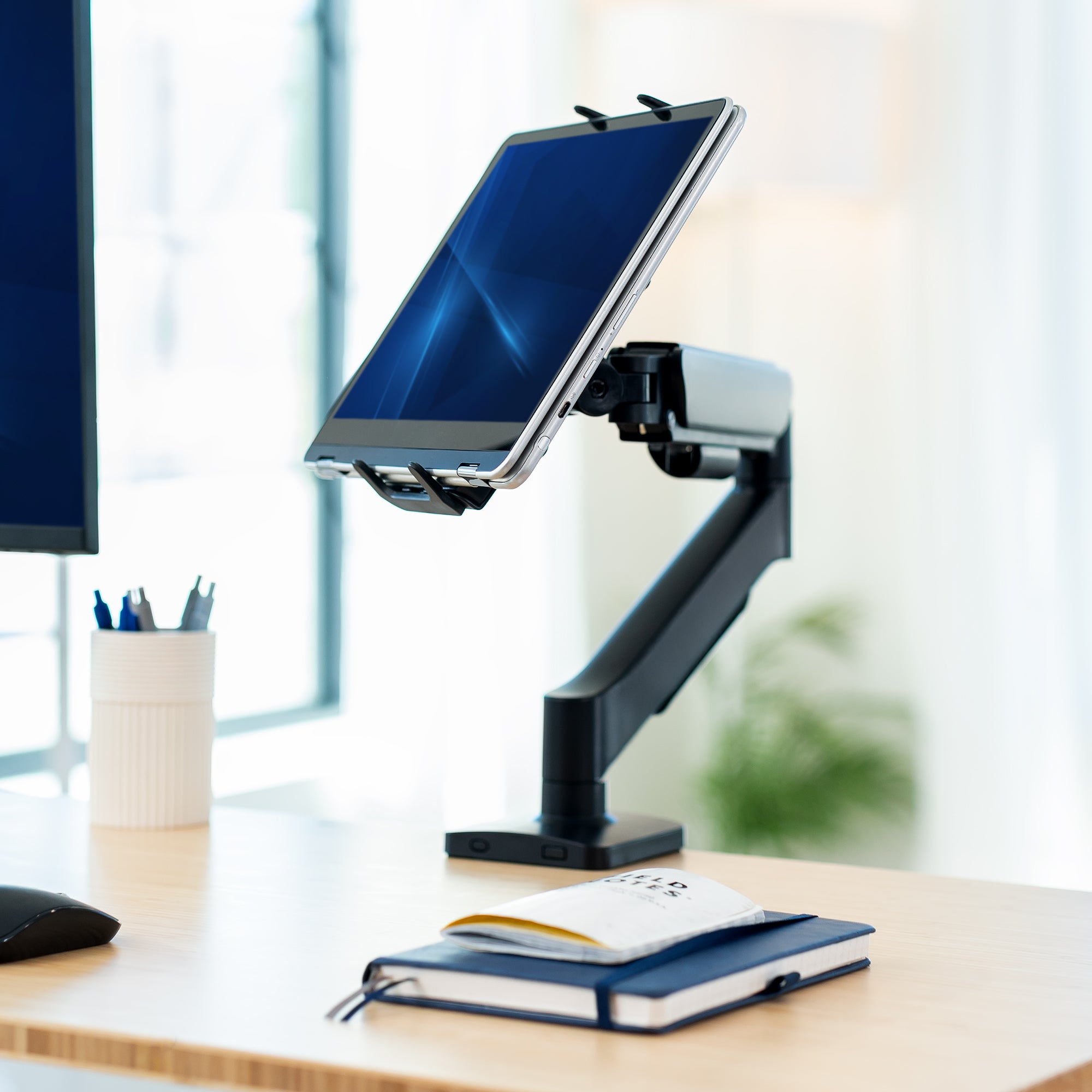 Single Mechanical Arm Desk Mount for Tablets, 2-in-1 Laptops, Portable Monitors