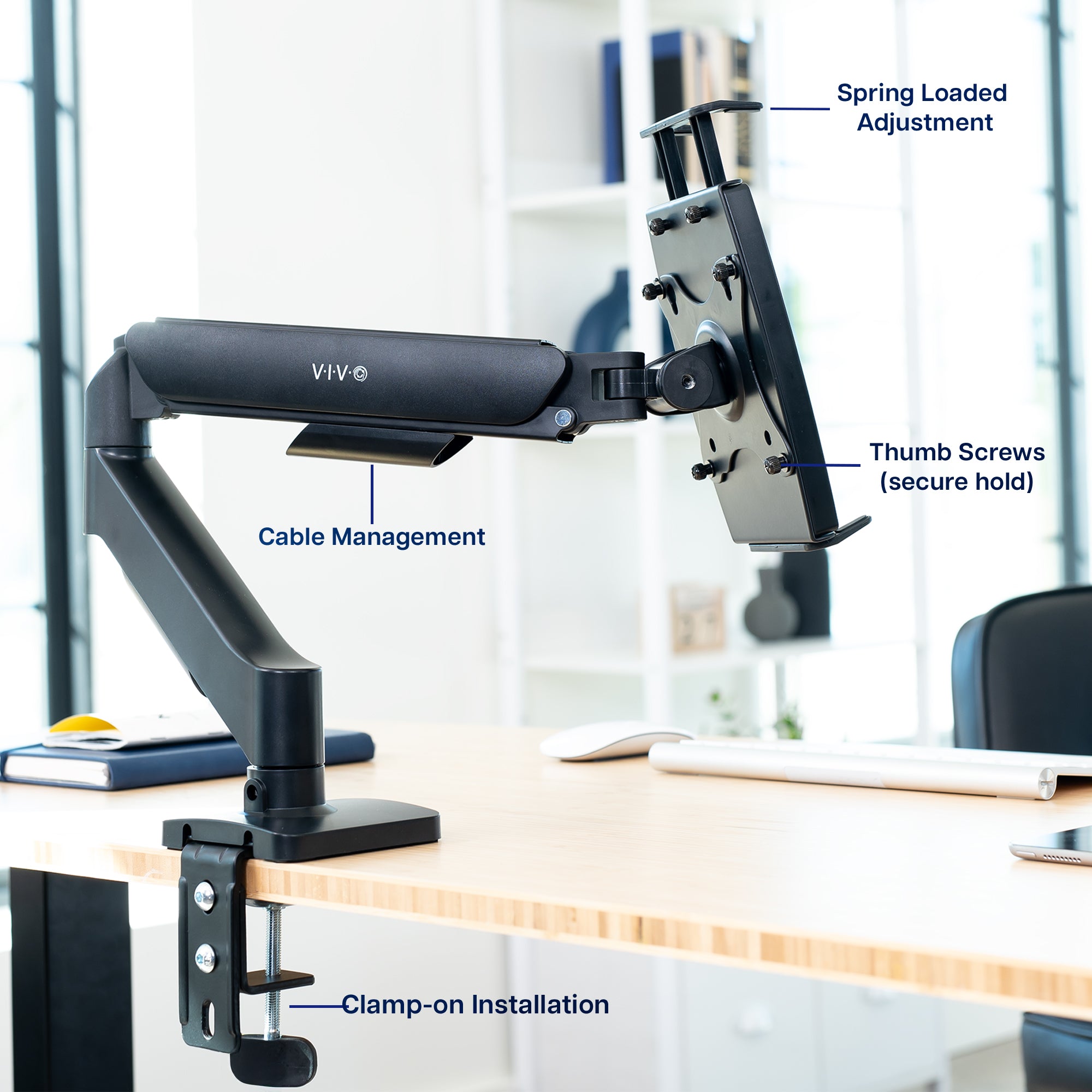 Single Mechanical Arm Desk Mount for Tablets, 2-in-1 Laptops, Portable Monitors