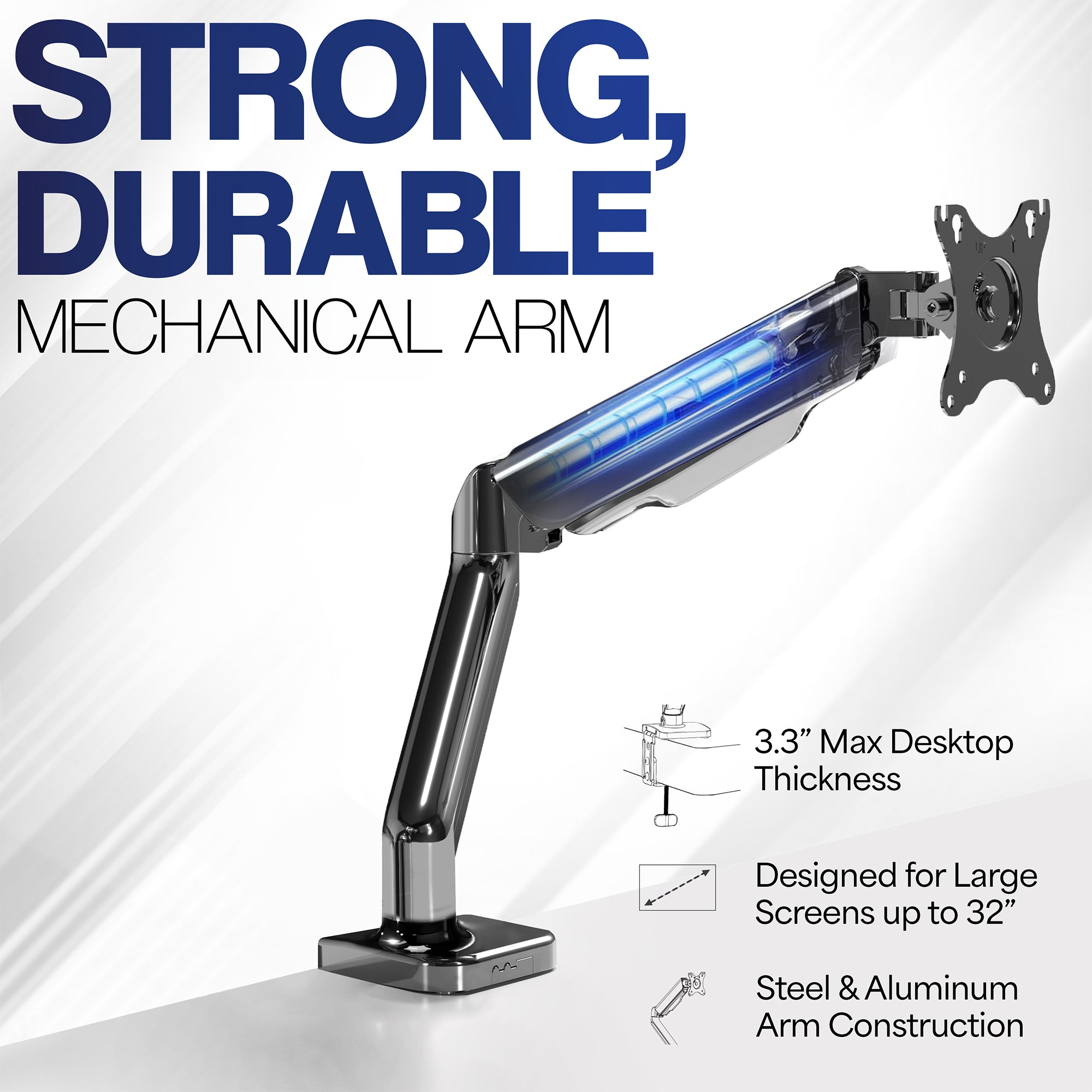 Sturdy clamp-on mechanical arm single monitor desk mount with articulation, height adjustment, and cable management.