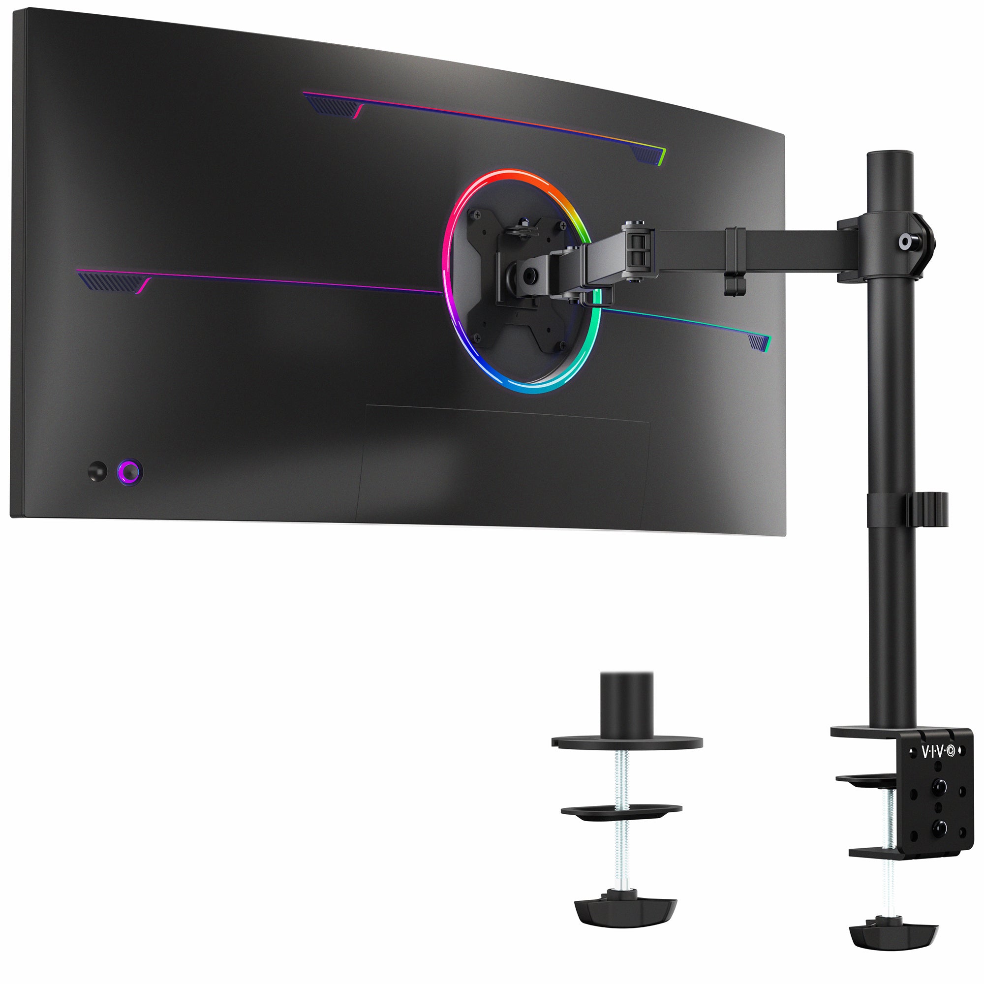 Black curved monitor with a stand on a white background