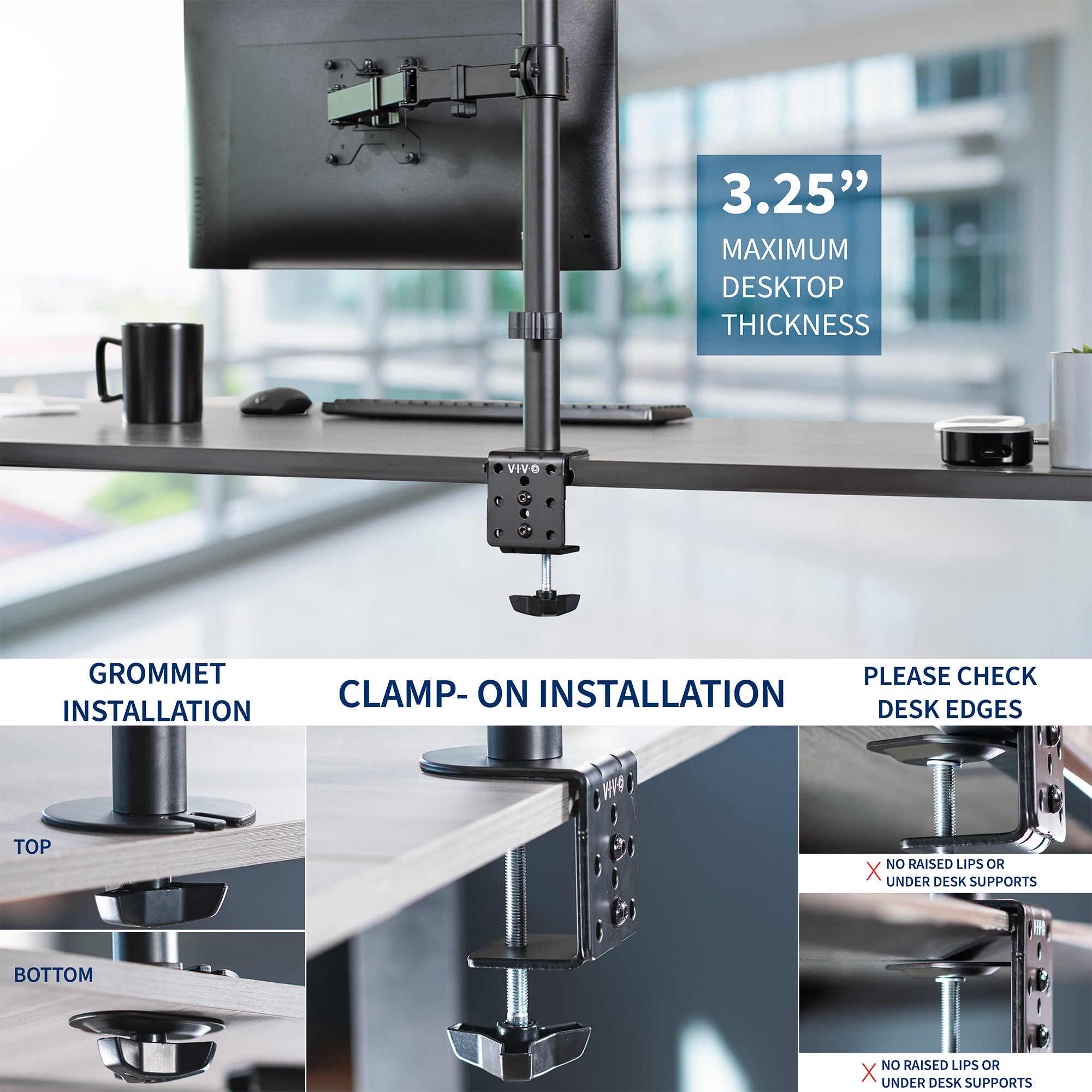 Monitor stand installation guide with grommet and clamp-on options on a desk.