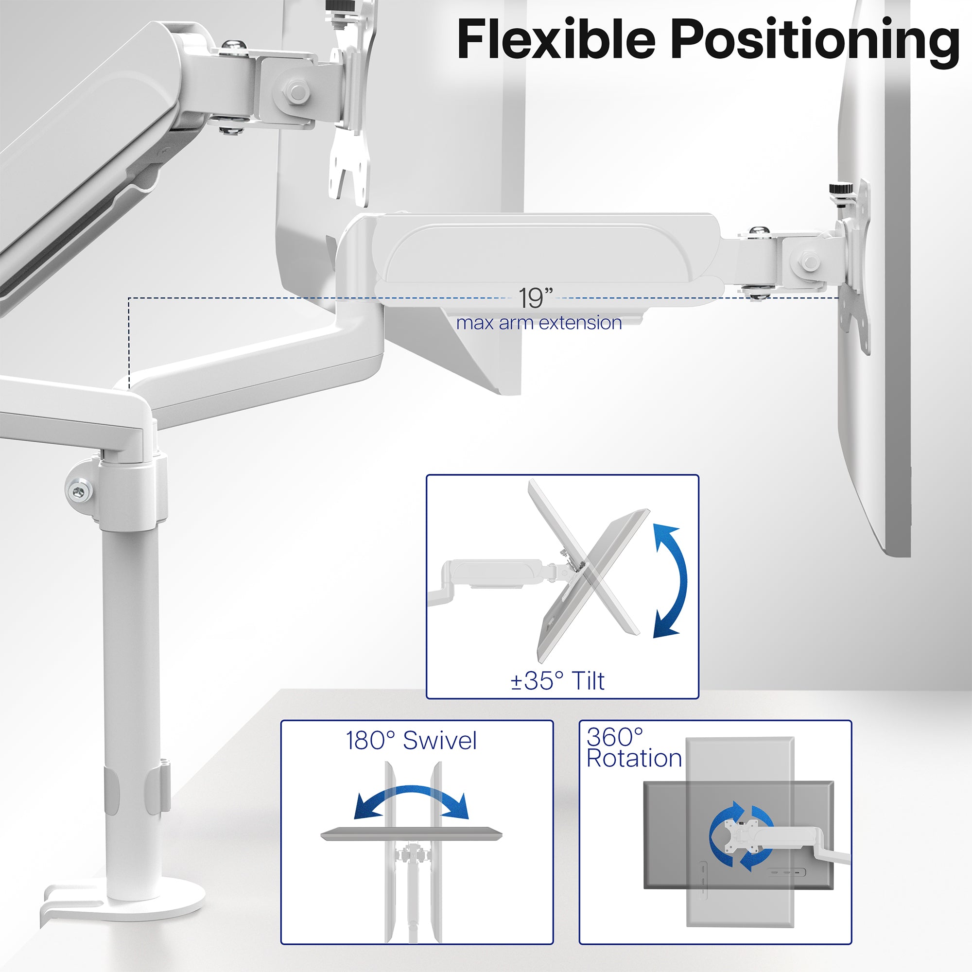 Sturdy adjustable pneumatic arm dual monitor ergonomic desk stand for office workstation.