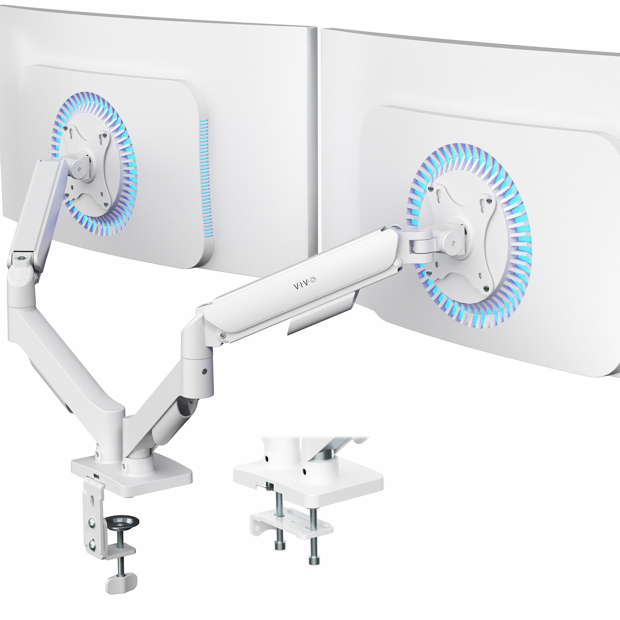 White monitor arm with dual monitor mounts on a white background