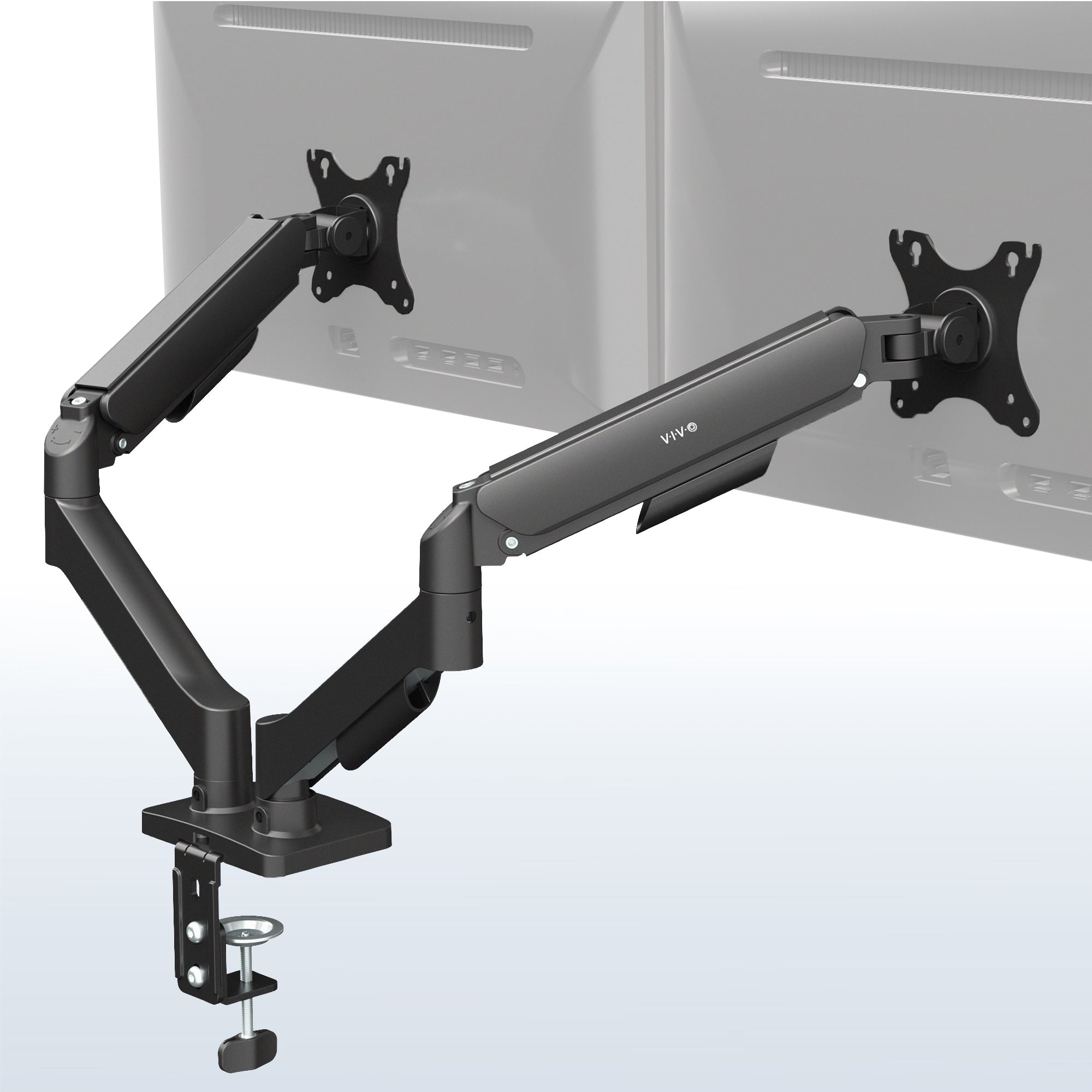 Sturdy adjustable mechanical arm dual monitor ergonomic desk stand for office workstation.