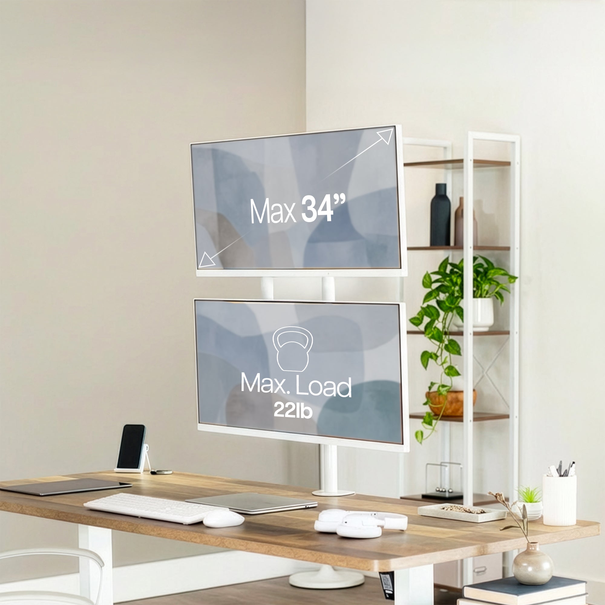 Modern office setup with two white computer monitors on a desk, shelves in the background.