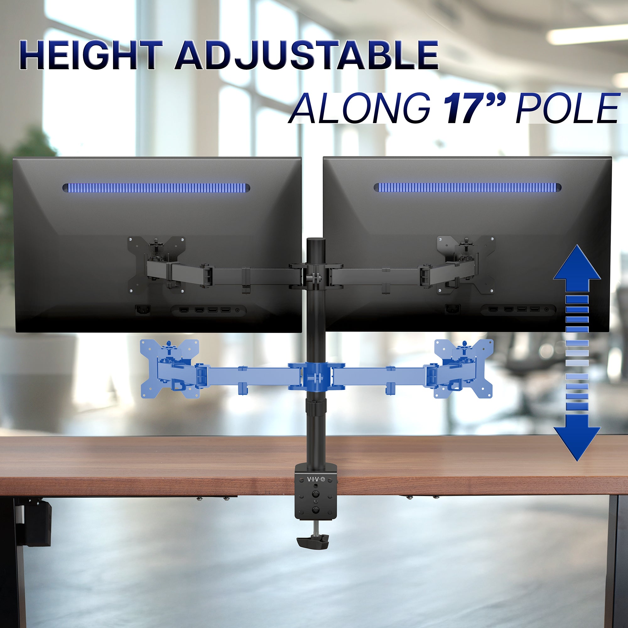 Height adjustable dual monitor stand with two monitors on a desk, showing height adjustment range.