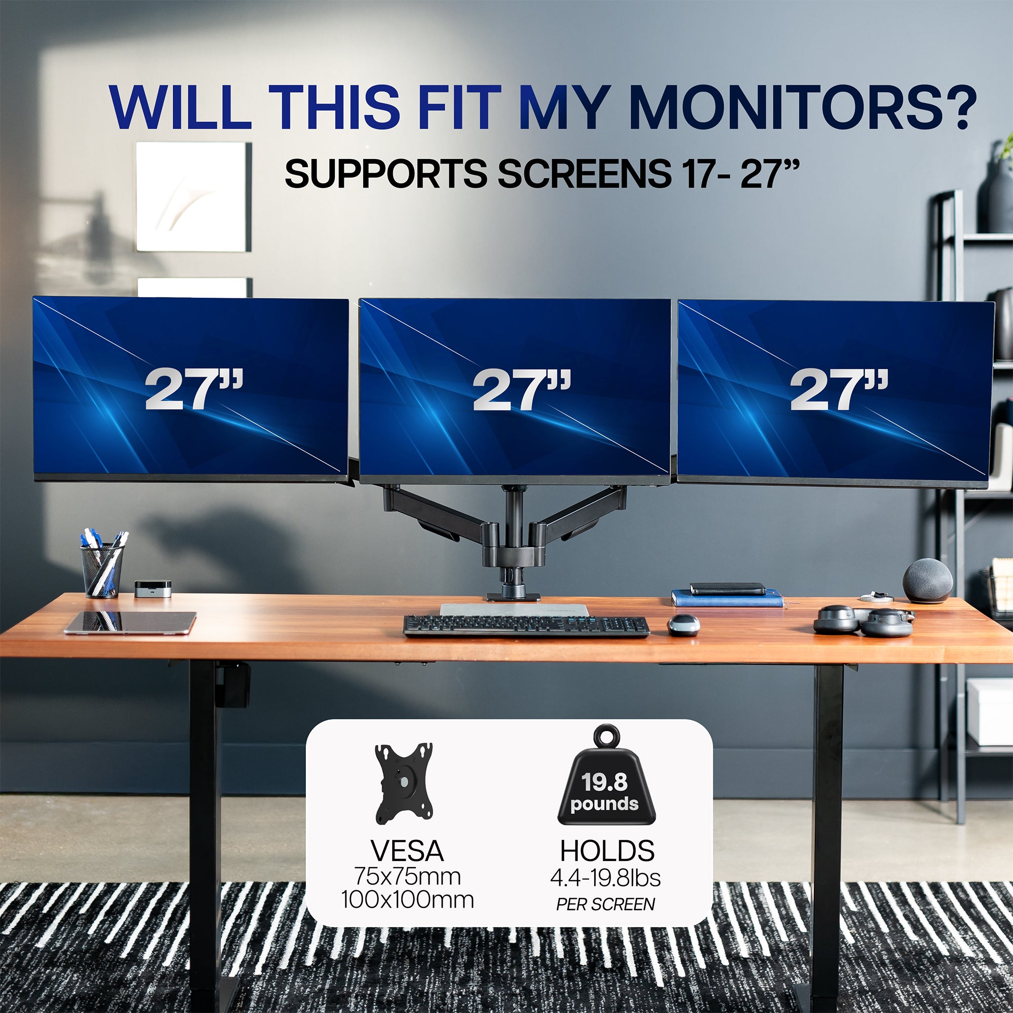 Monitor stand with three 27-inch monitors on a desk, question about screen size compatibility.