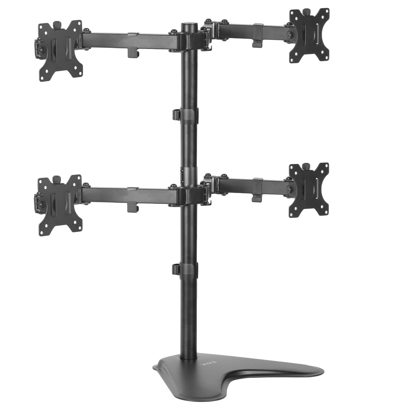 Quad Monitor Desk Stand holds 4 screens for work efficiency at your office desk. Features a freestanding base.