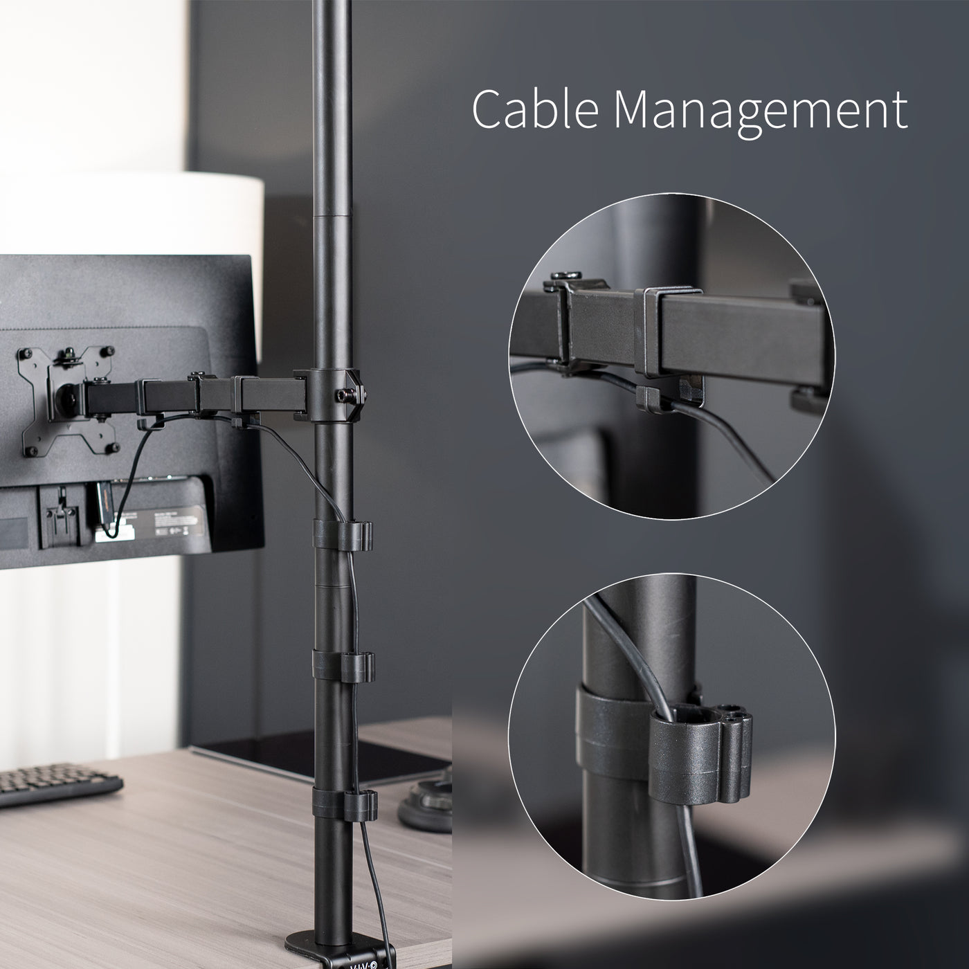 Extra tall desk mount for single monitor provides sit or stand application for the user with integrated cable management clips.