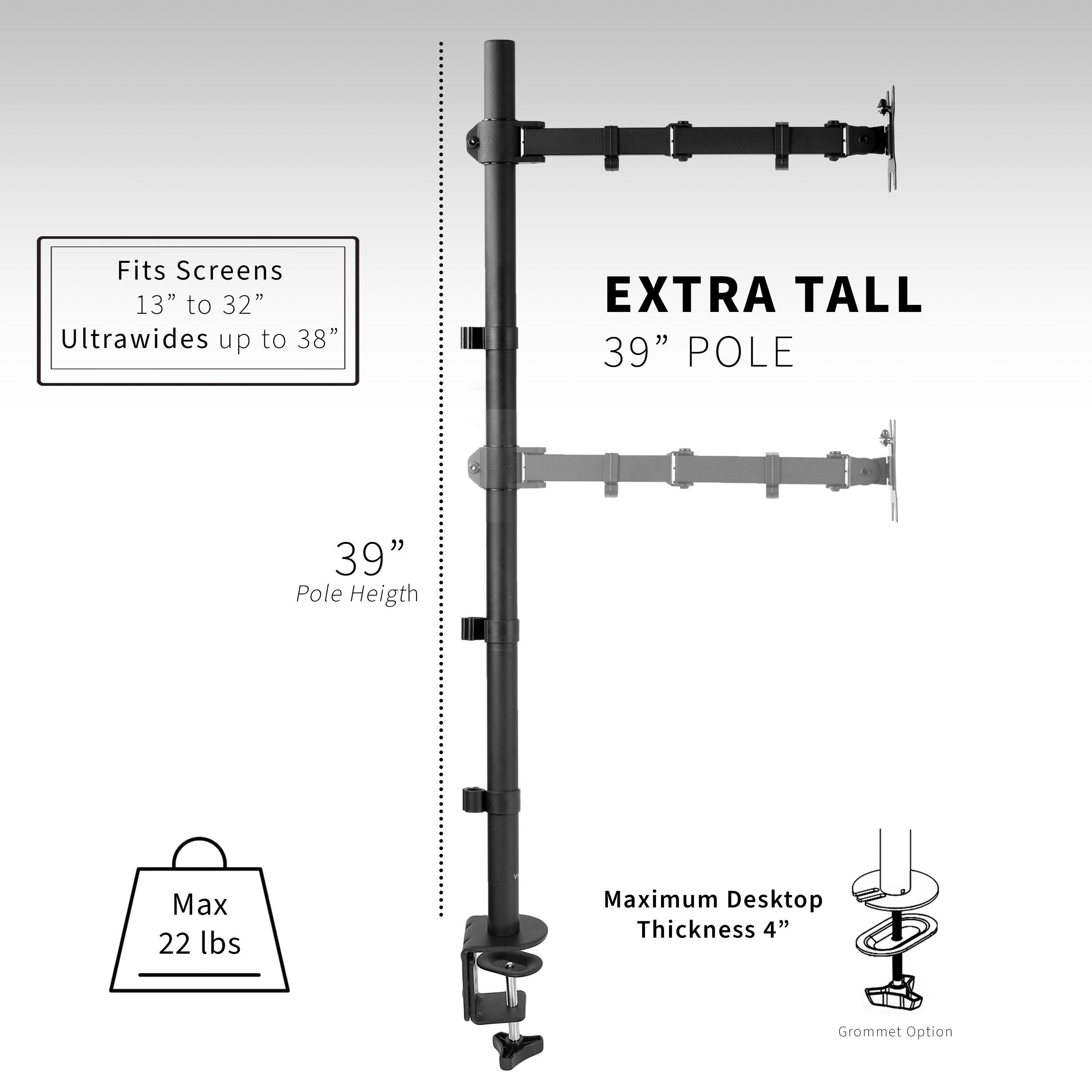 Extra tall desk mount for single monitor provides sit or stand application for the user, flexible viewing angles, and tall screen placement.