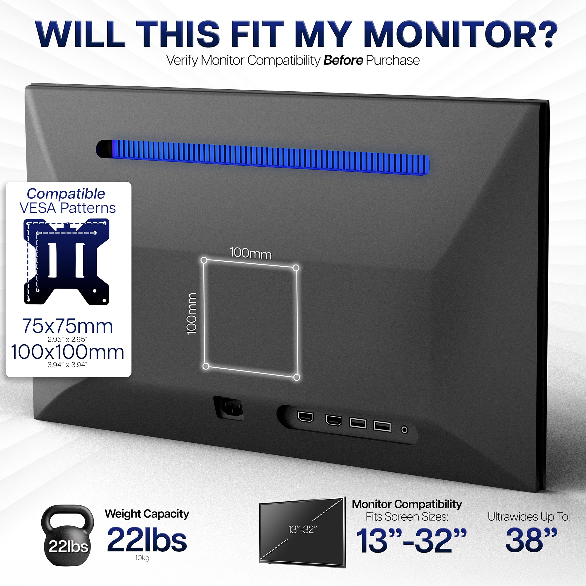 Monitor stand with compatibility information on a white background