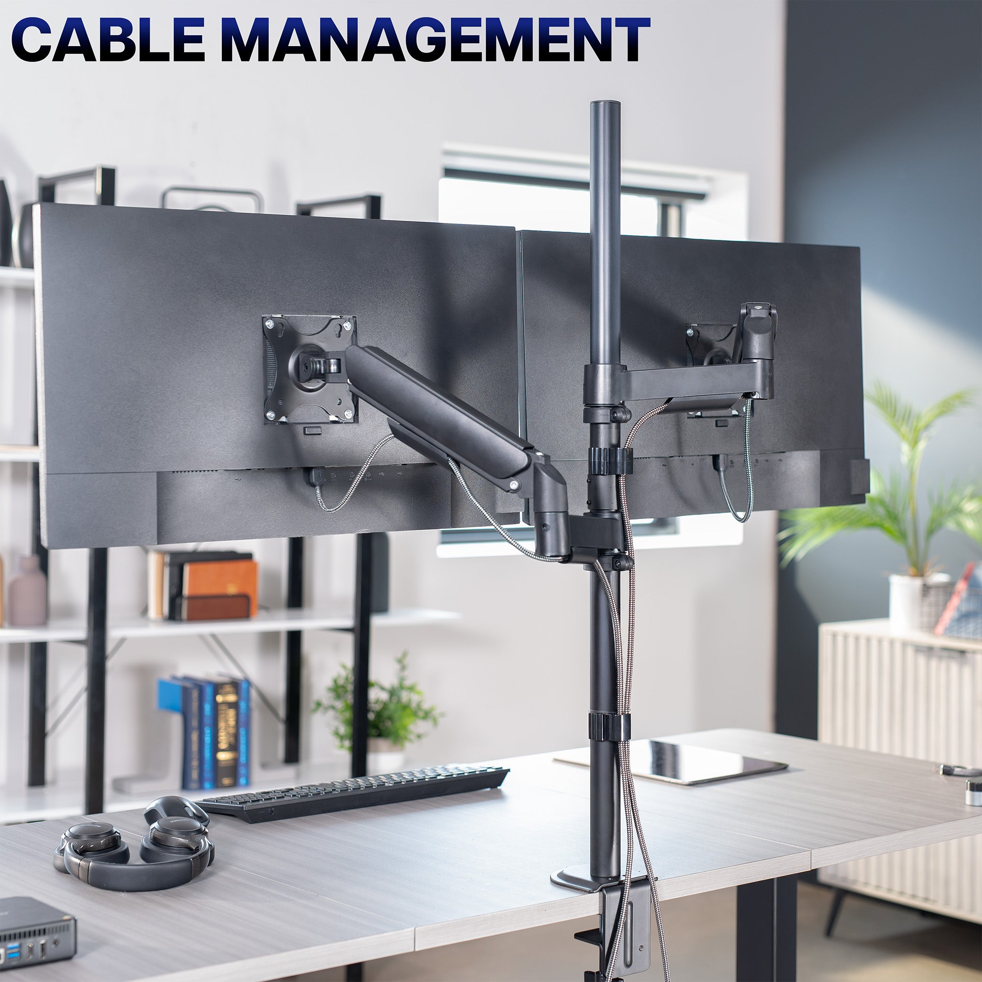 Mechanical Arm Dual 17" to 32" Monitor Extra Tall Desk Mount on desk in home office space