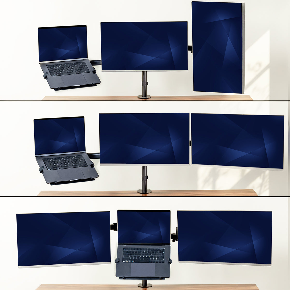 Three stacked views showing a laptop and multiple monitor setups mounted on a wall above a wooden shelf, demonstrating different configurations of a multi-monitor display system.