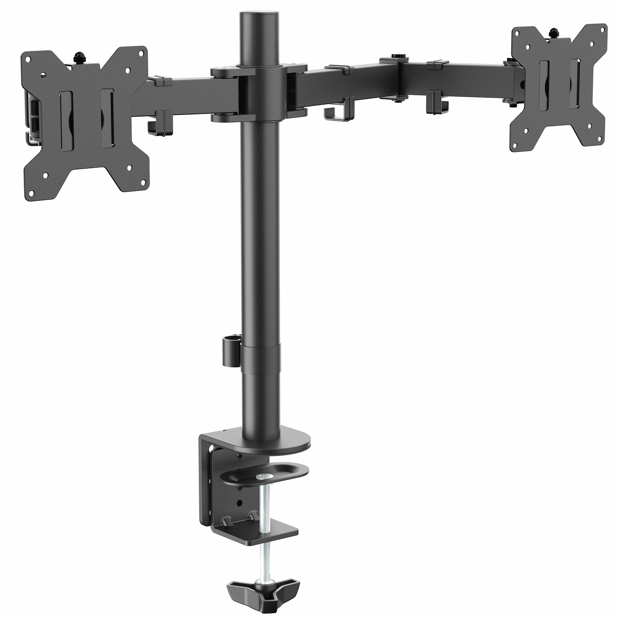 Black dual monitor stand on a white background
